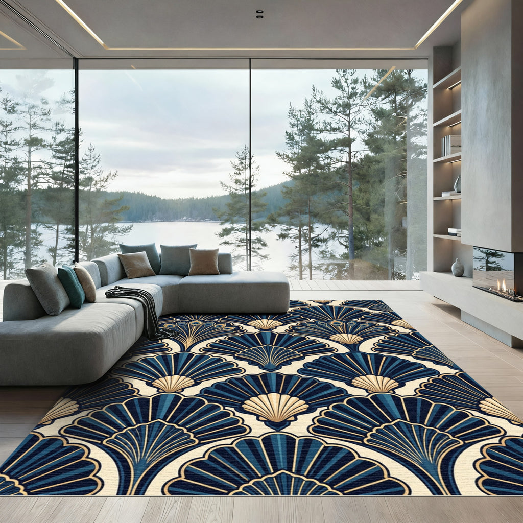 Art Deco Navy Gold Fan Peacock Rug