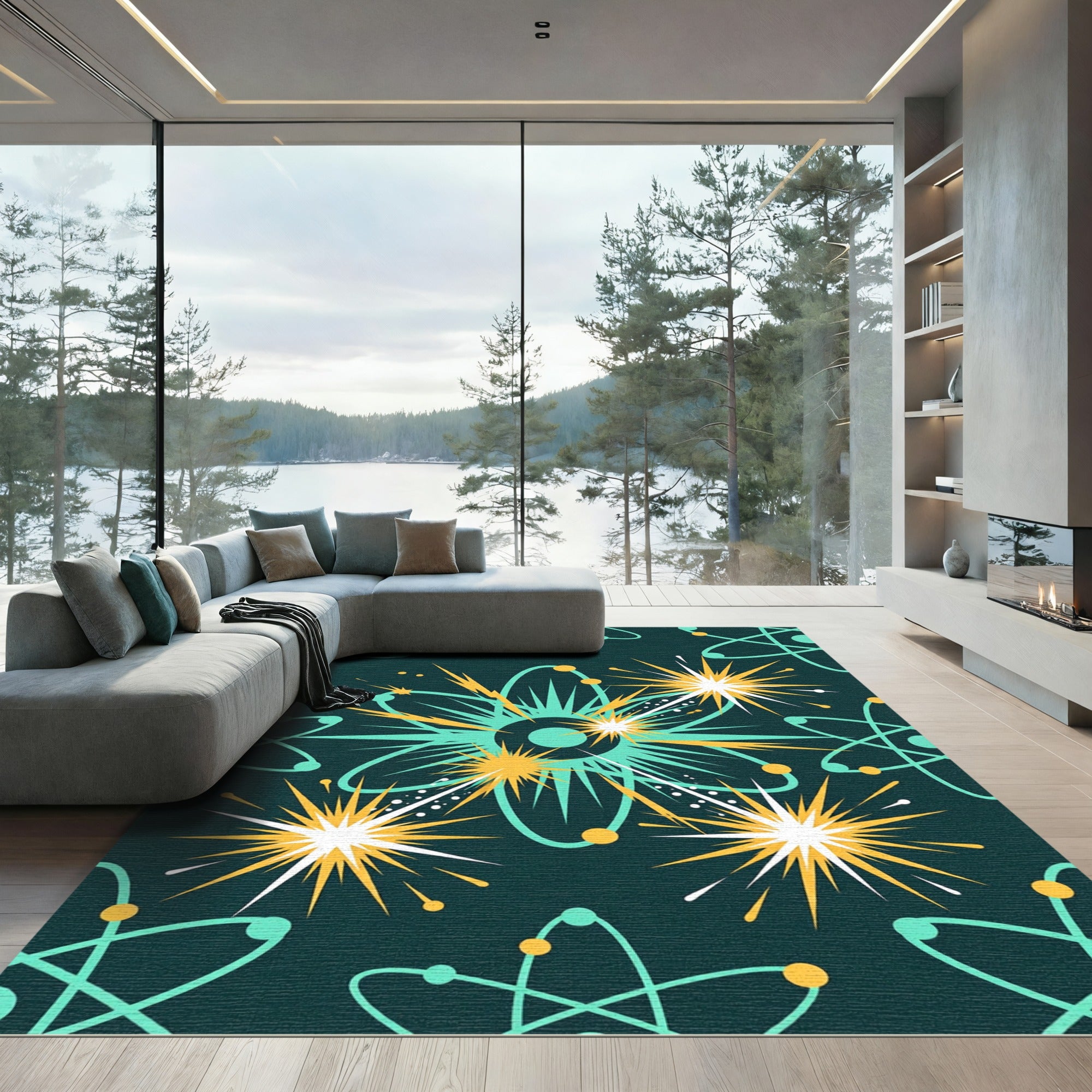 Teal Yellow Atomic Burst Elements Rug
