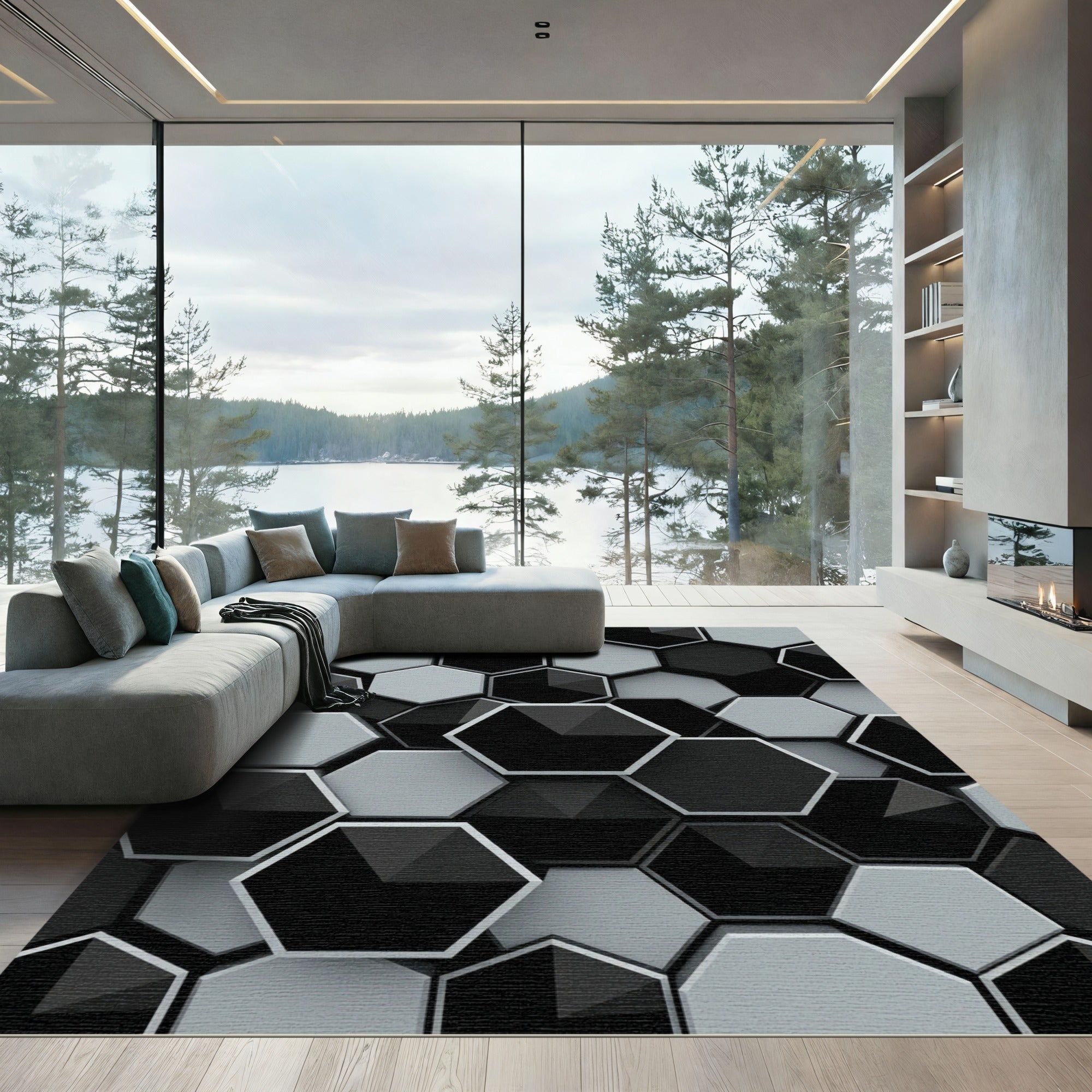 Hexagonal Black White Geometric Depth Rug