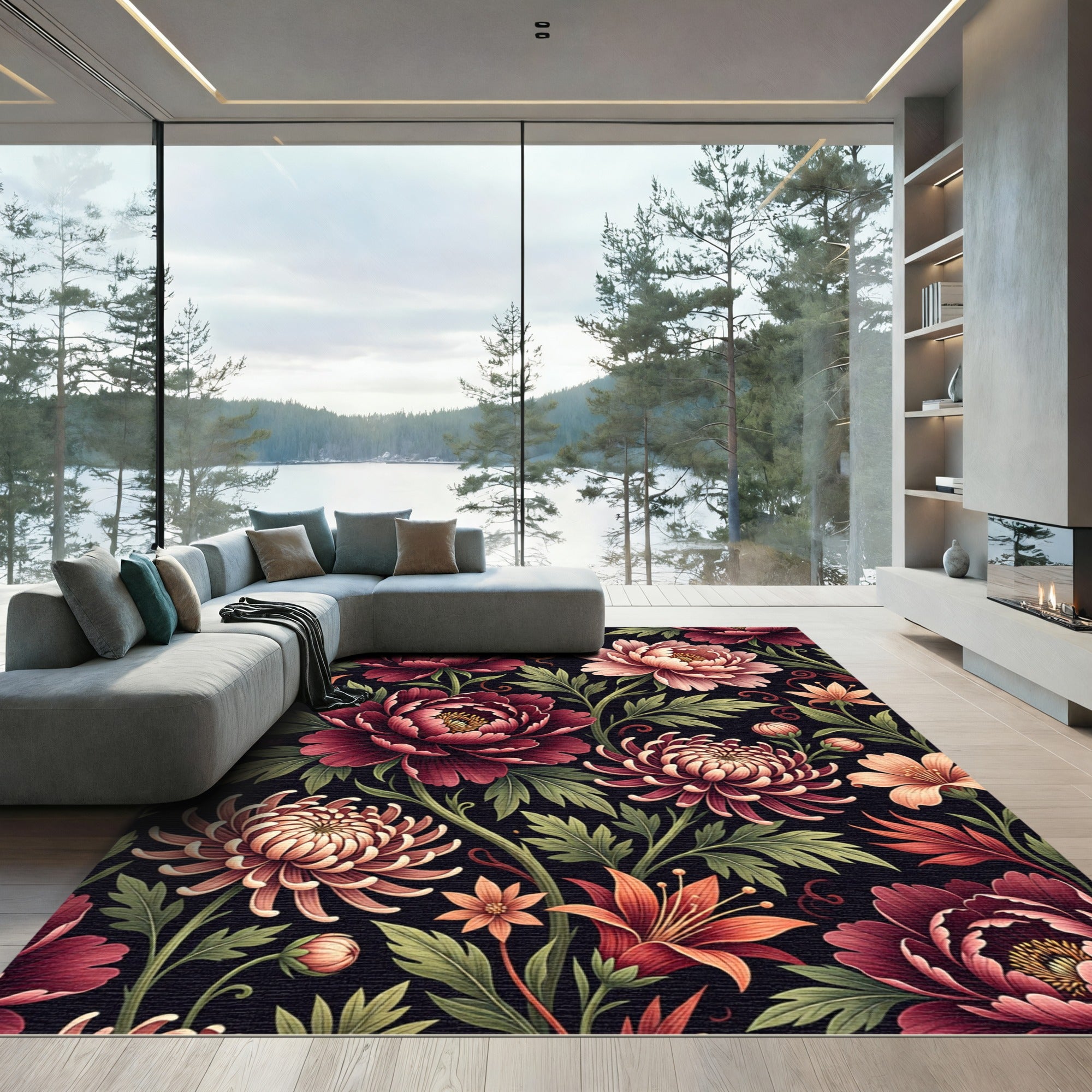 Dark Floral Vintage Peony Chrysanthemum Garden Rug