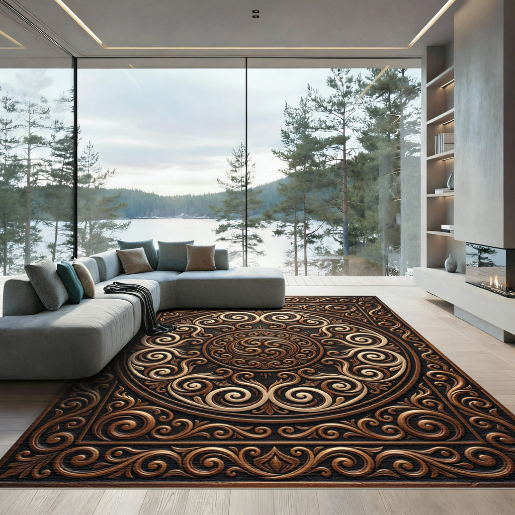 Ornate Bronze Swirl Medallion Regal Rug