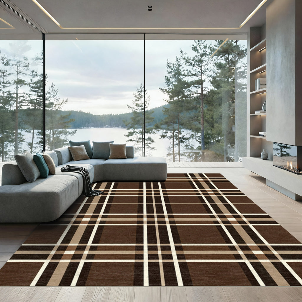Earthy Brown Cream Plaid Lines Rug