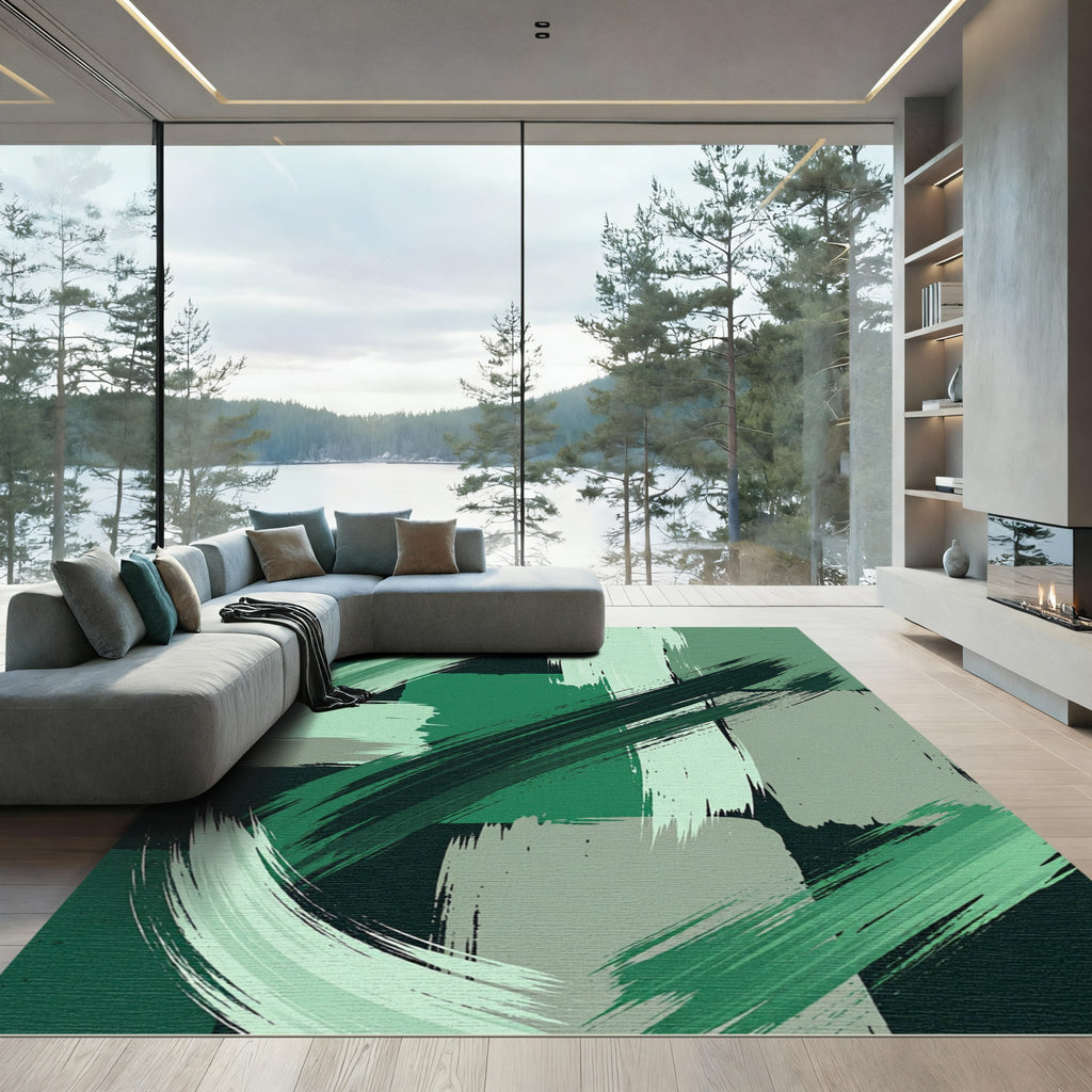 Emerald Green Abstract Brushstrokes Rug