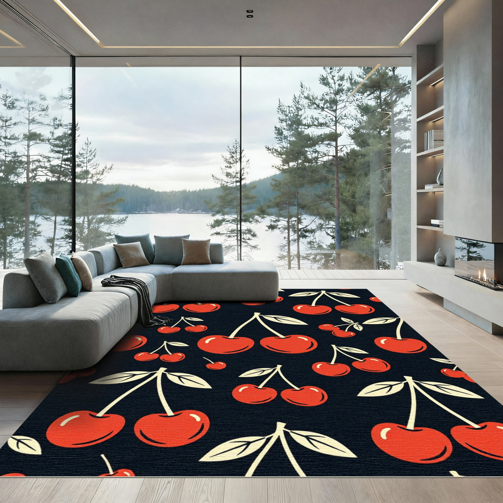 Mid Century Vibrant Cherry Icon Black Rug