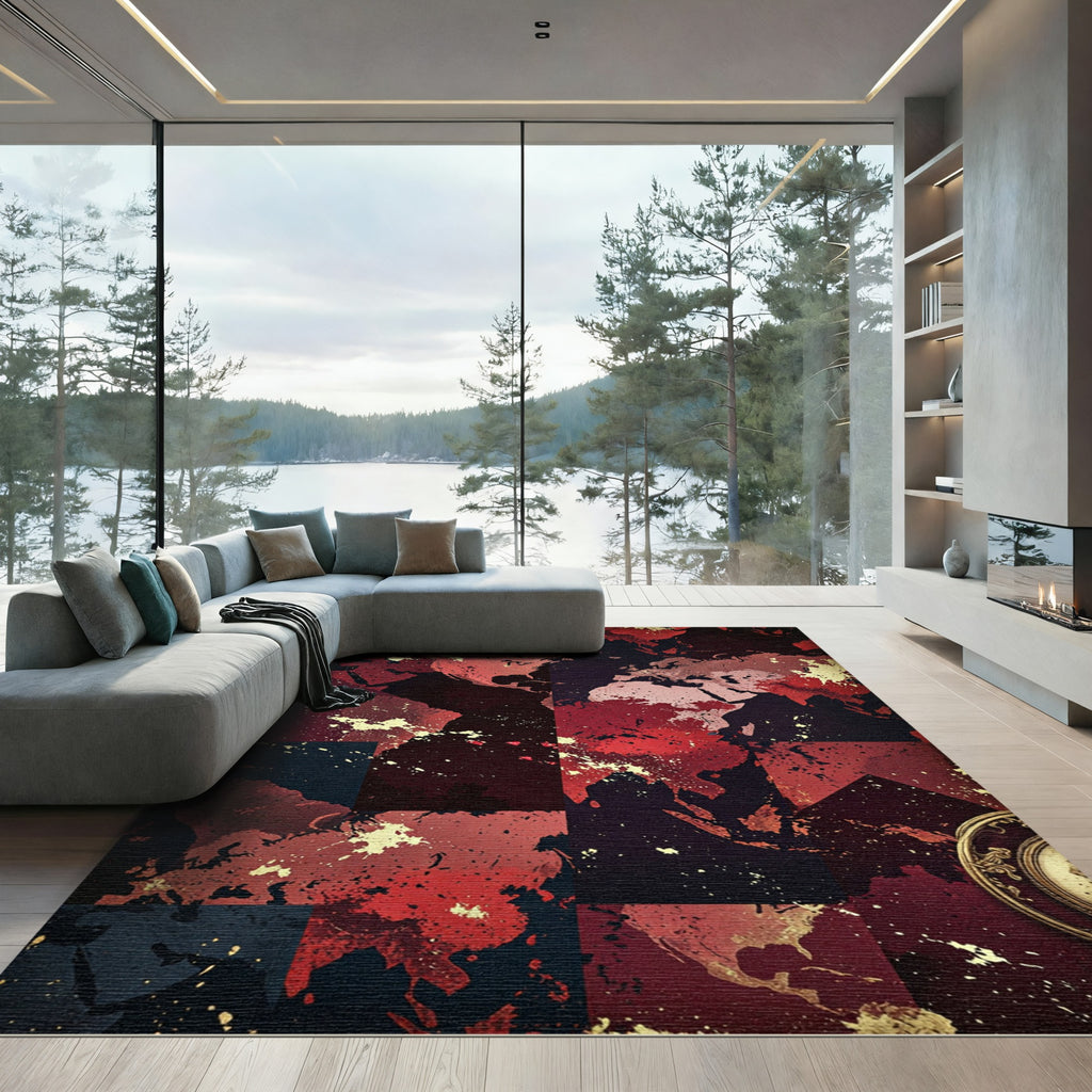 Crimson World Map Splatter Composition Rug