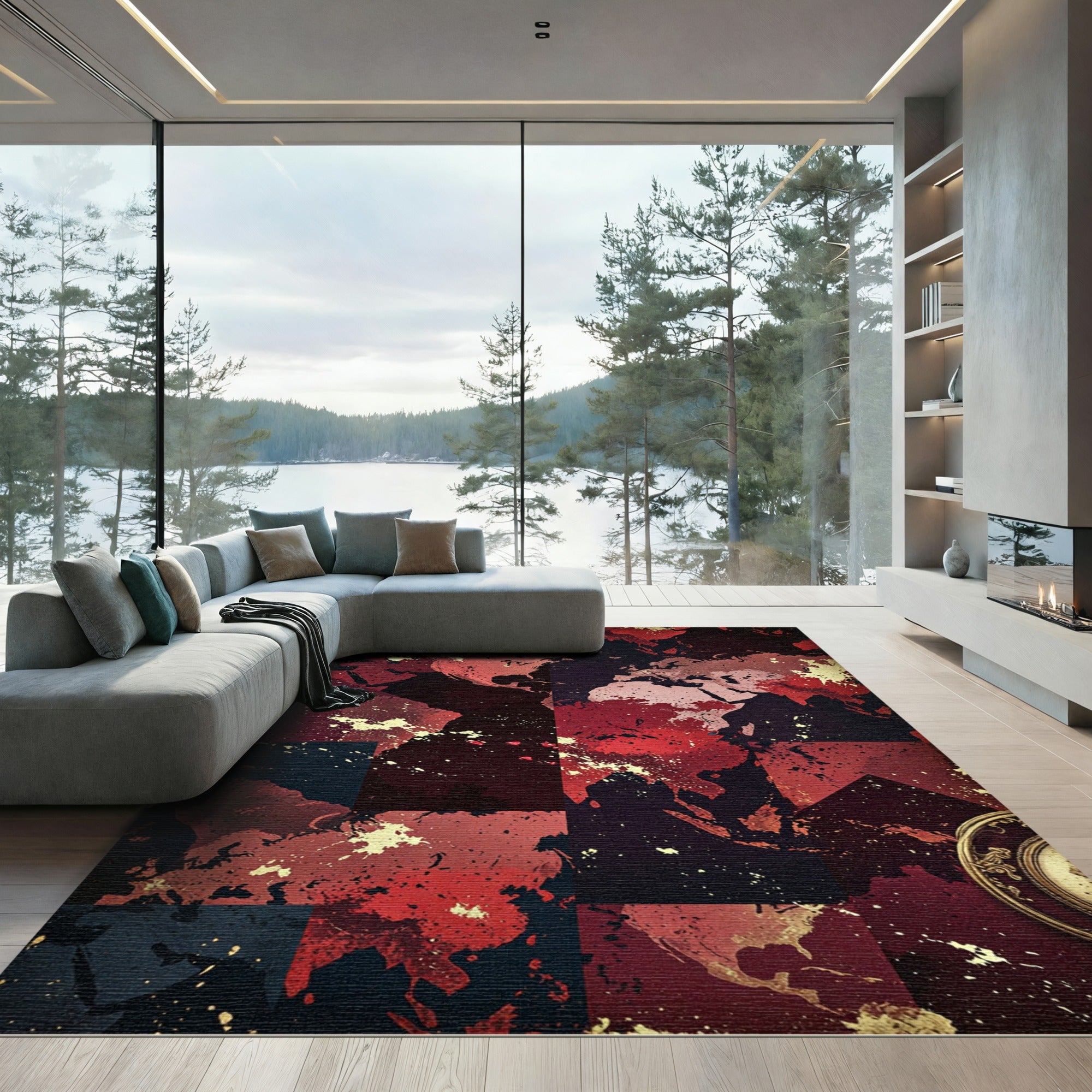 Crimson World Map Splatter Composition Rug