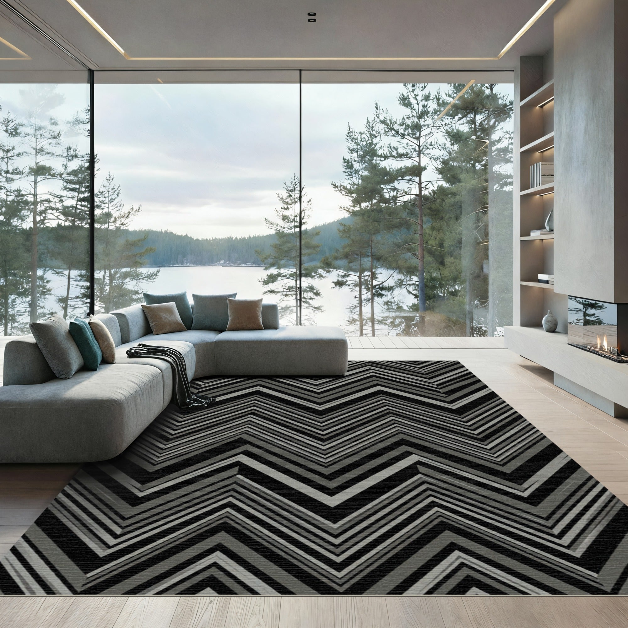 Monochromatic Slate Chevron Lines Rug