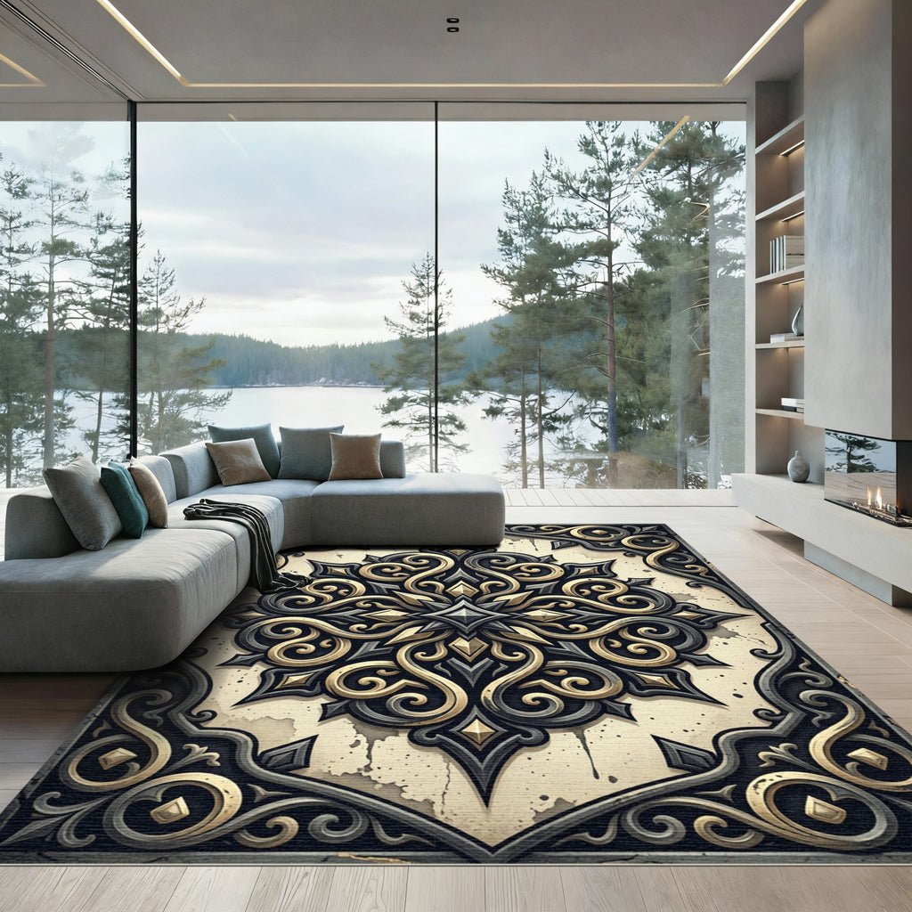Ornate Gold Black Scrollwork Medallion Rug