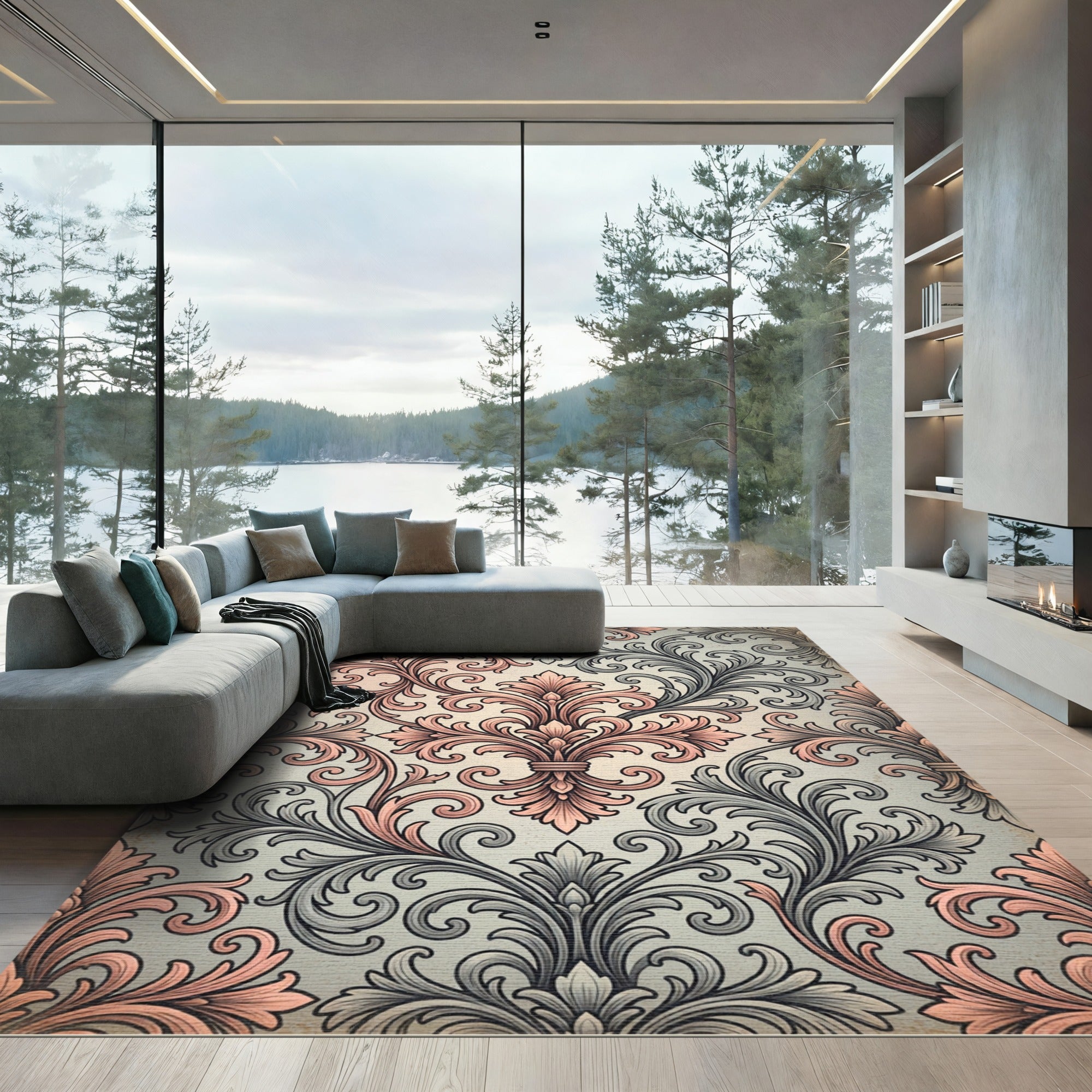 Vintage Blush Gray Scrollwork Damask Rug