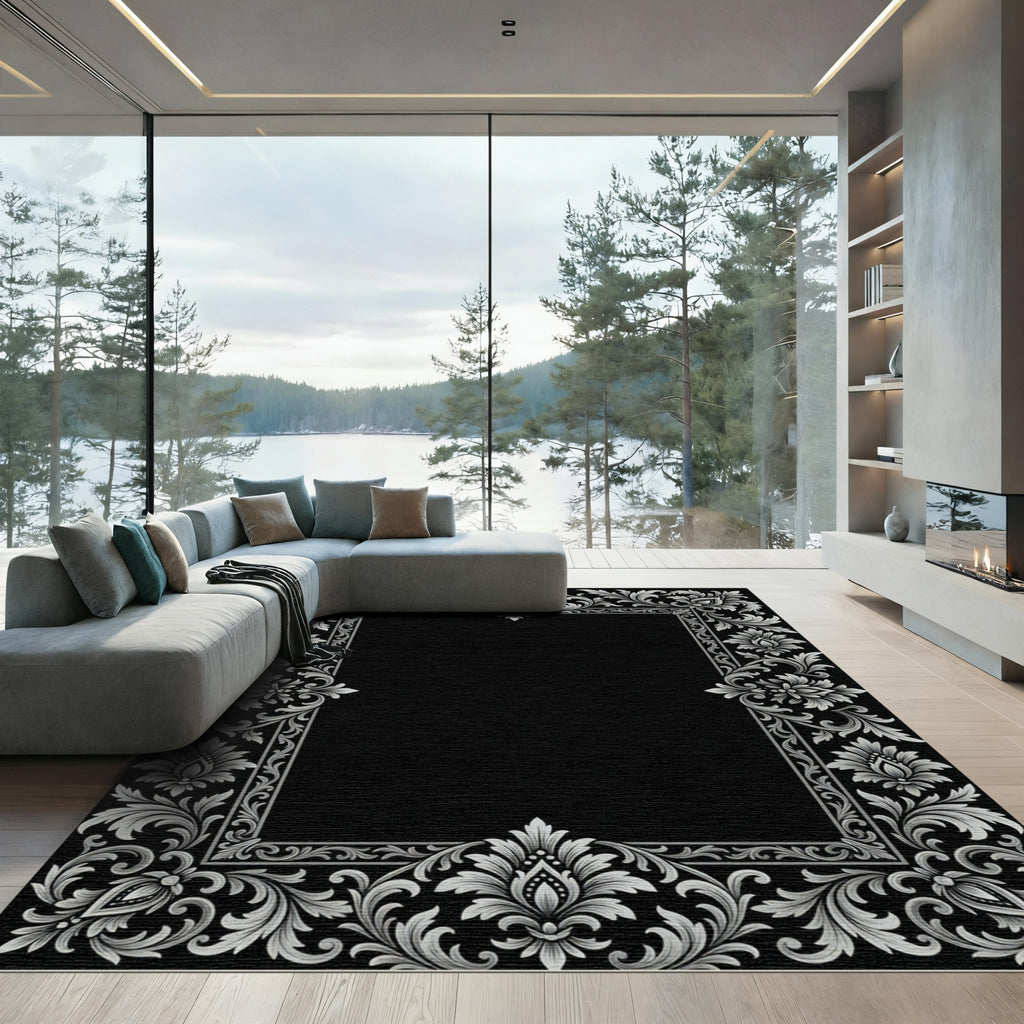 Ornate Silver Floral Border Rug