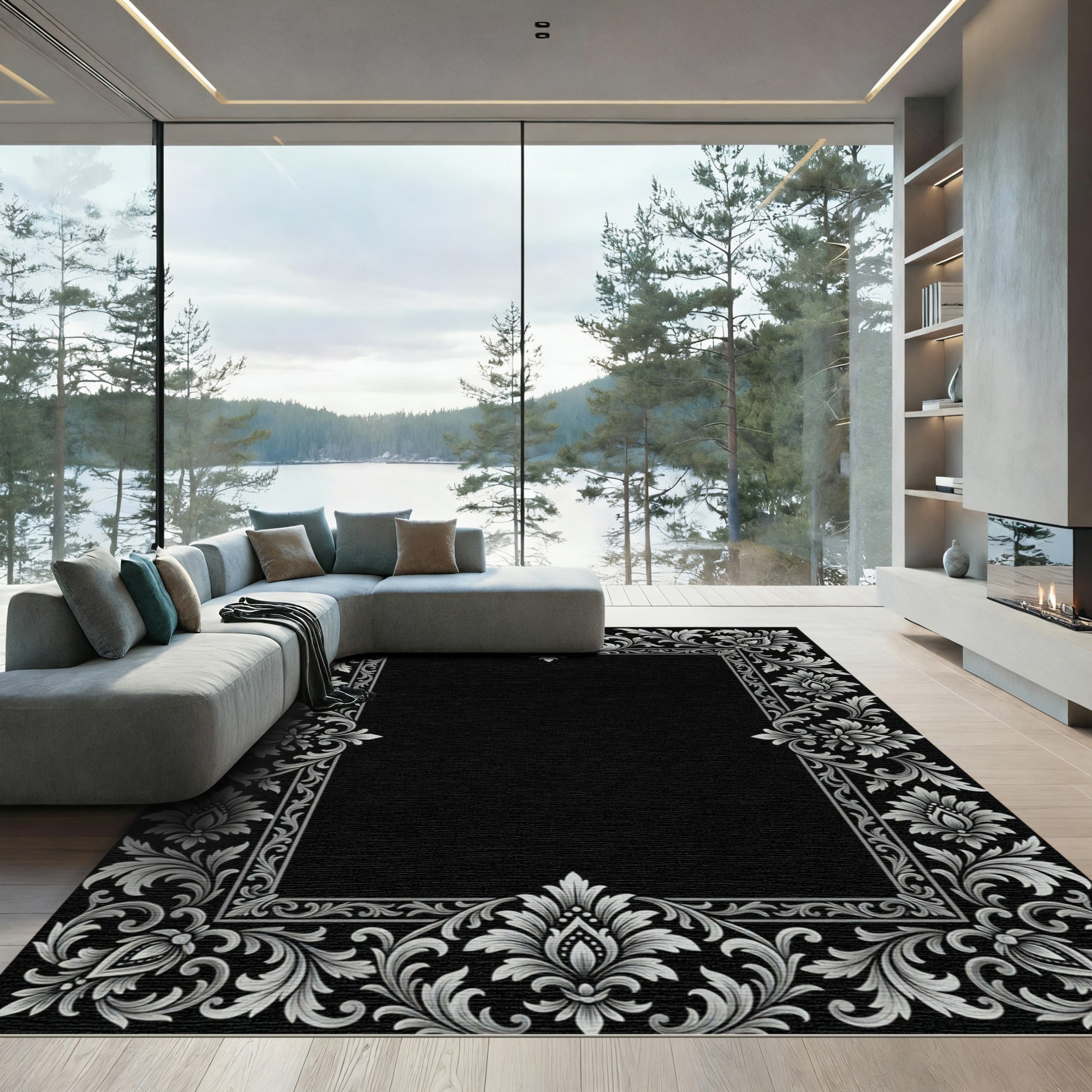 Ornate Silver Floral Border Rug