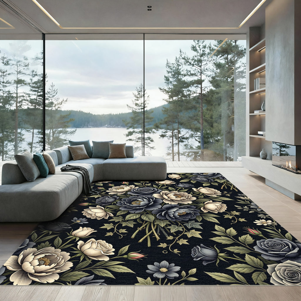 Moody Navy Cream Floral Botanical Bouquet Rug