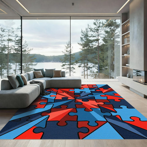 Abstract Jigsaw Puzzle Red Blue Burst Rug