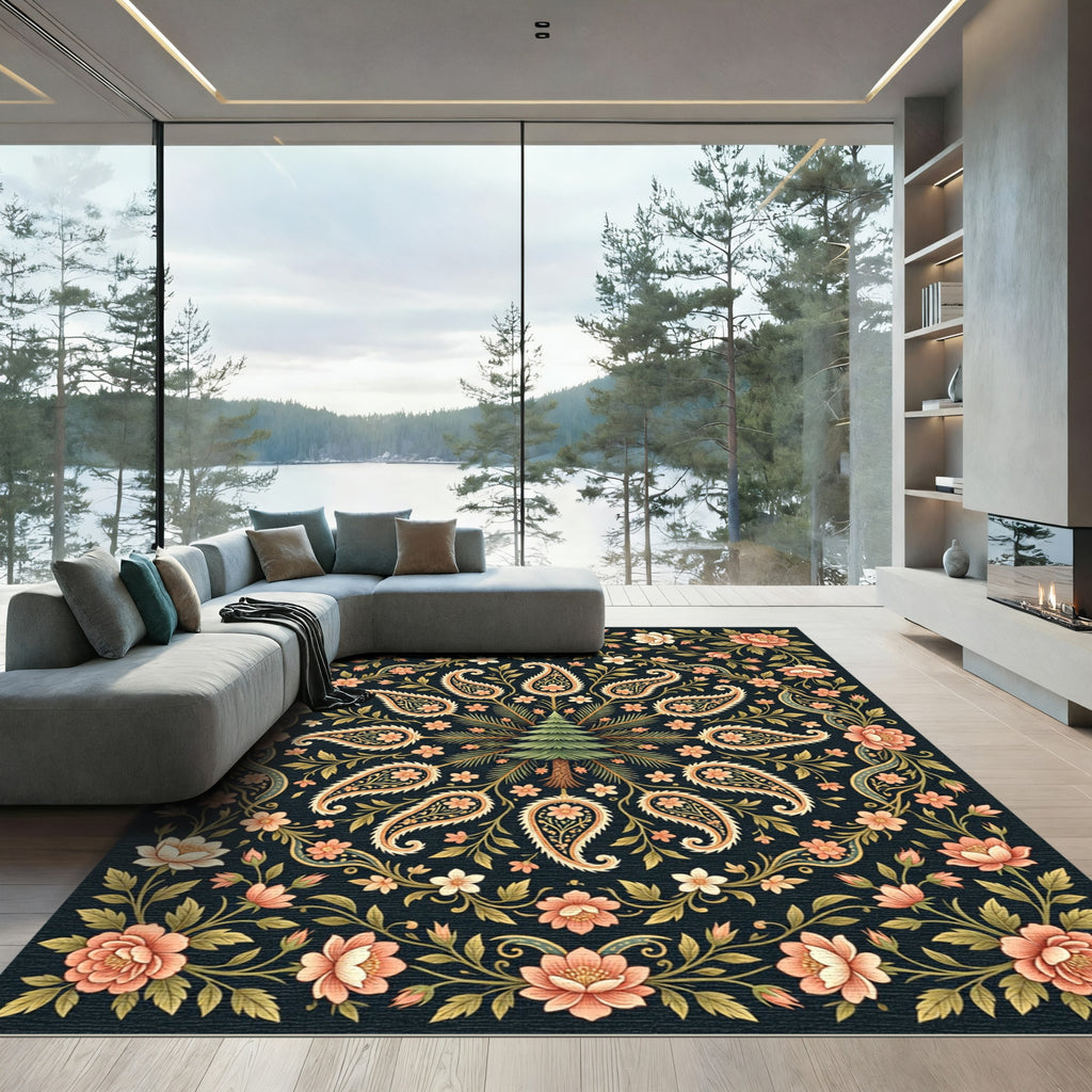 Midnight Teal Floral Paisley Spruce Medallion Rug