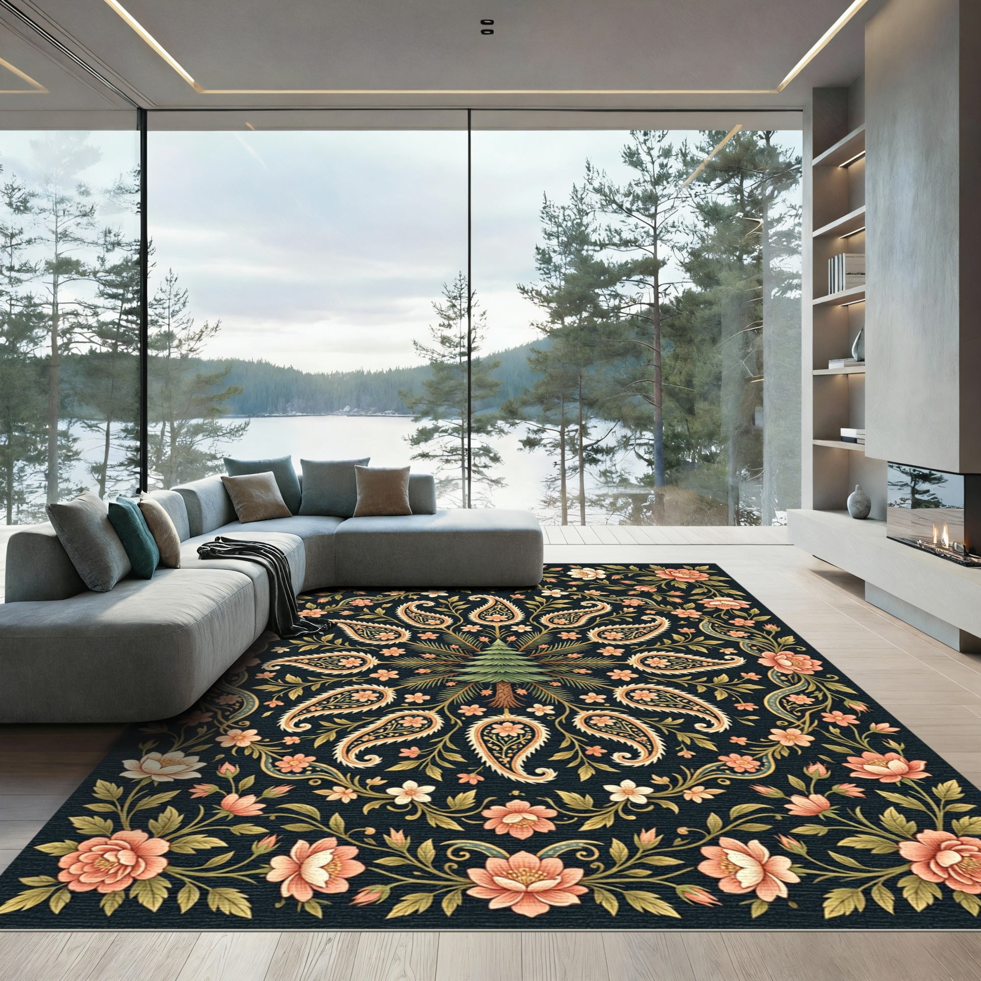 Midnight Teal Floral Paisley Spruce Medallion Rug