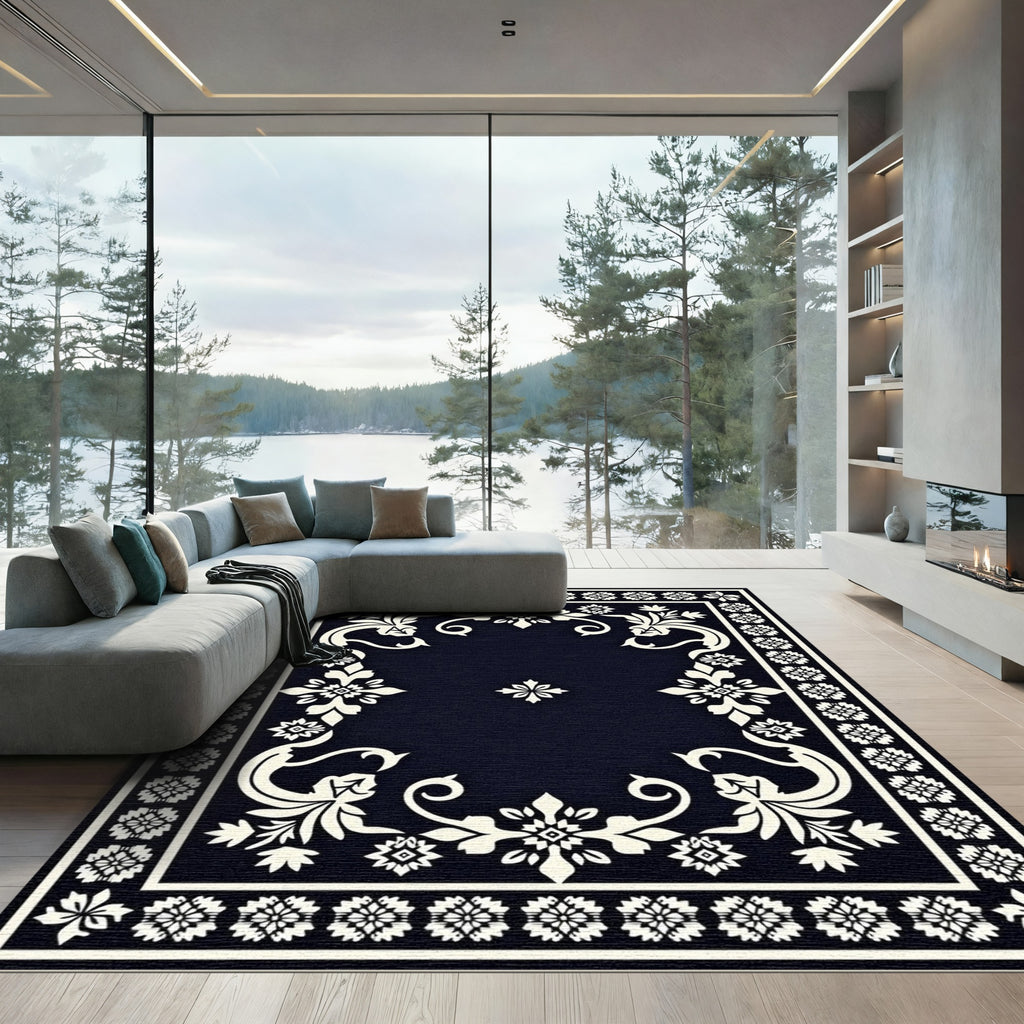 Cream Floral Medallion Indigo Border Rug