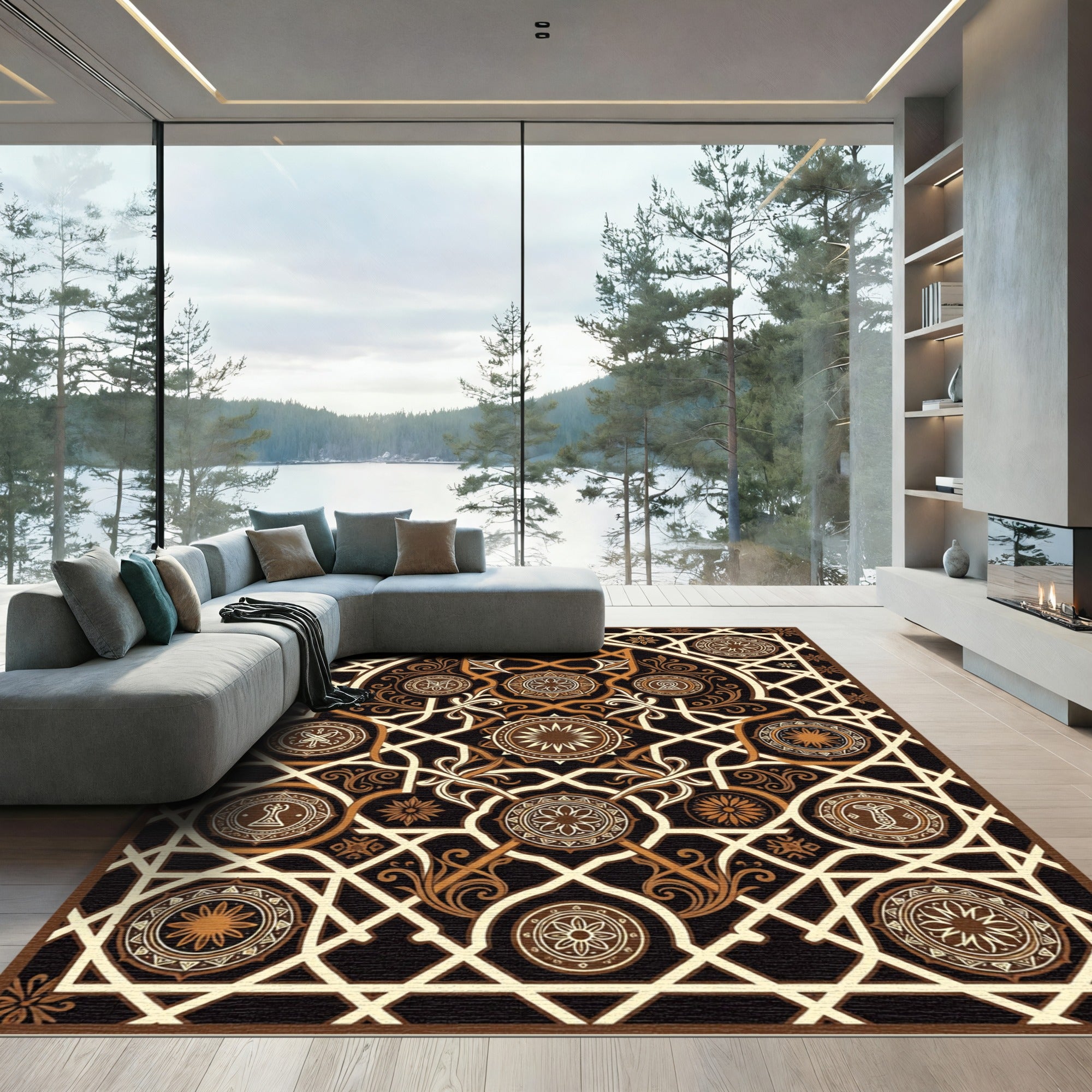 Ornate Bronze Geometric Arabesque Medallion Rug