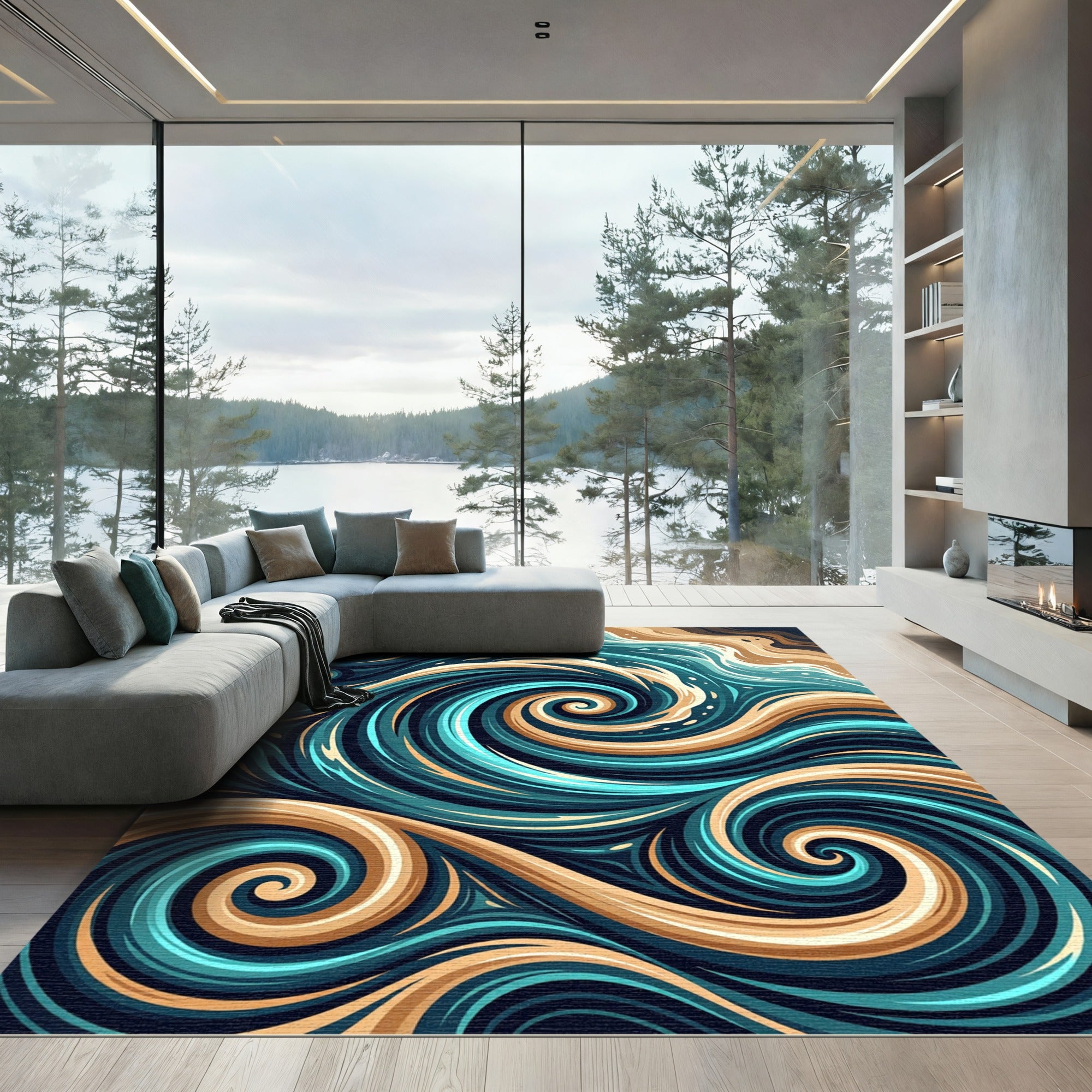 Earthy Teal Swirling Wave Abstract Rug