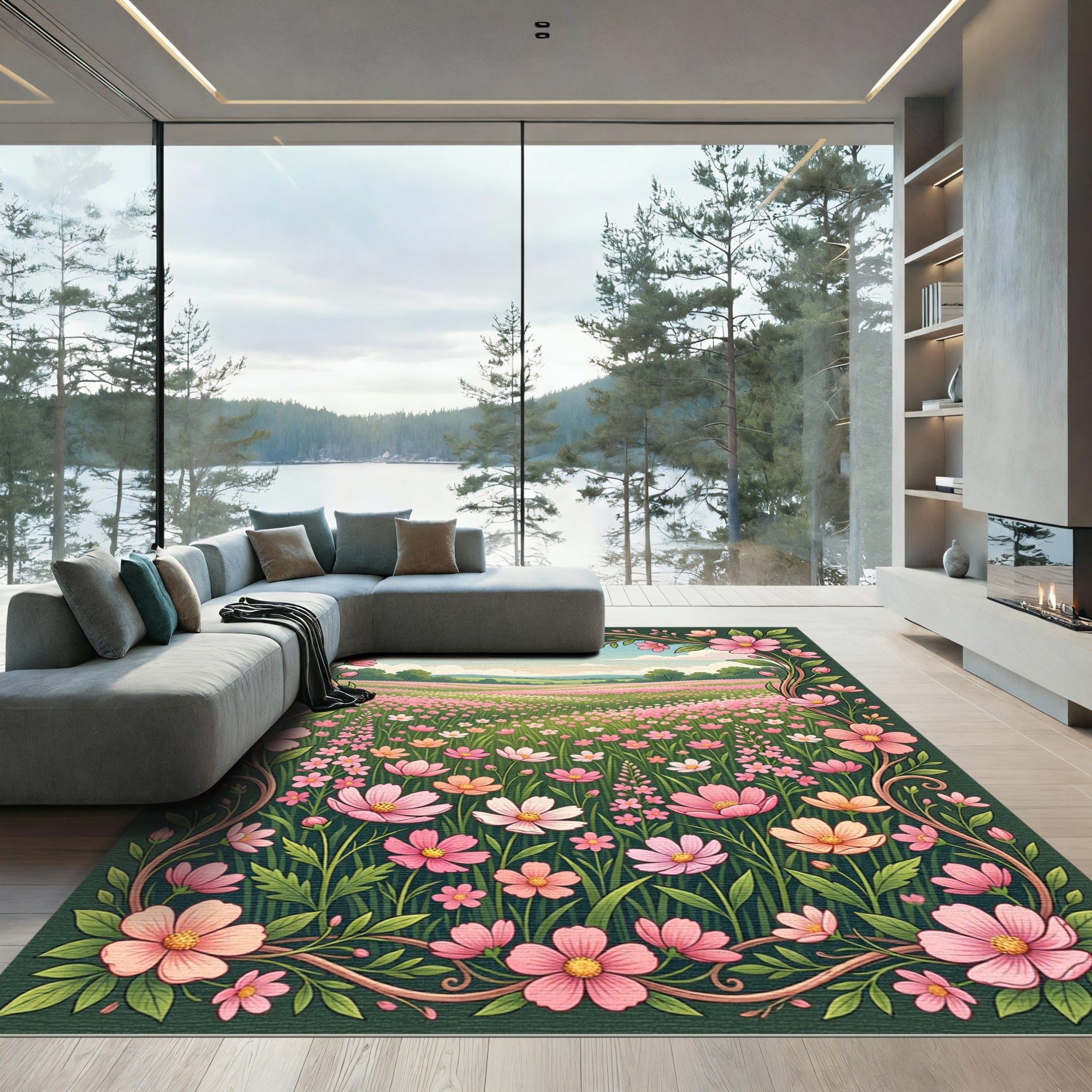 Whimsical Pink Floral Meadow Garden Rug