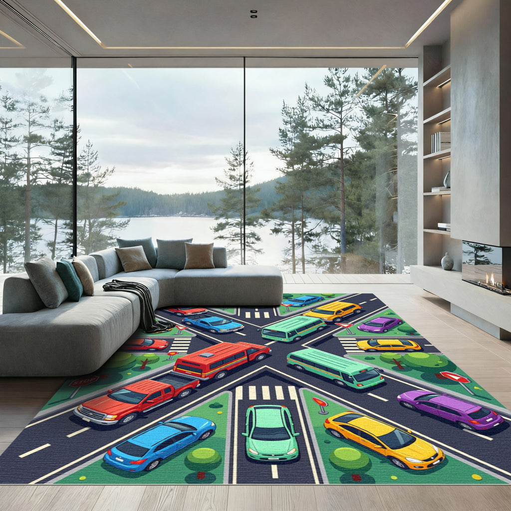 Isometric Traffic Grid Urban Scene Rug