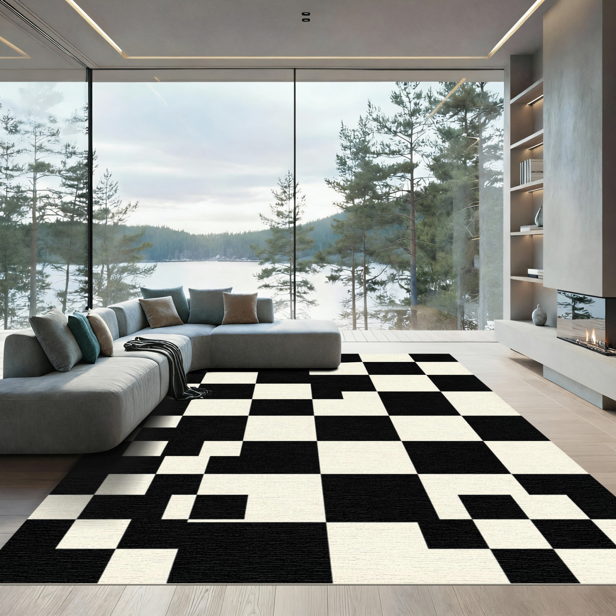 Monochromatic Checkerboard Abstract Squares Rug