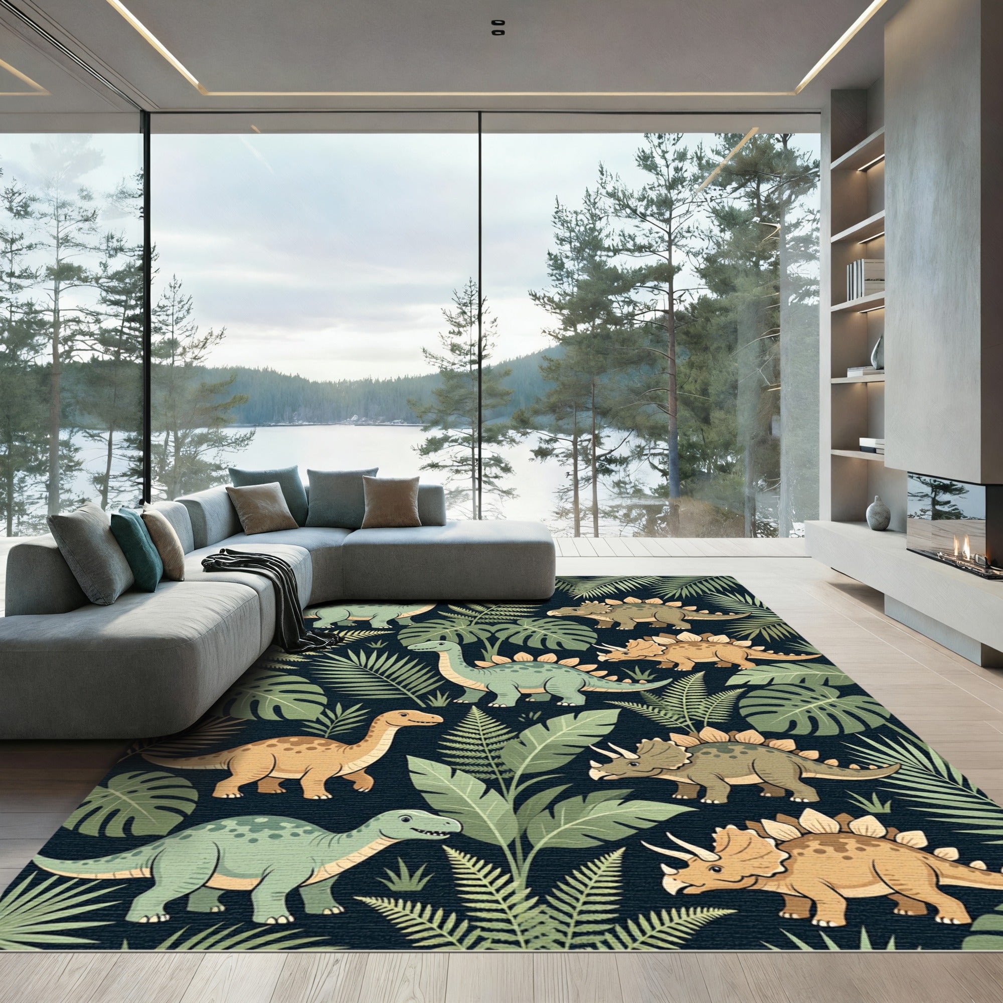 Lush Green Tropical Dinosaur Fern Forest Rug