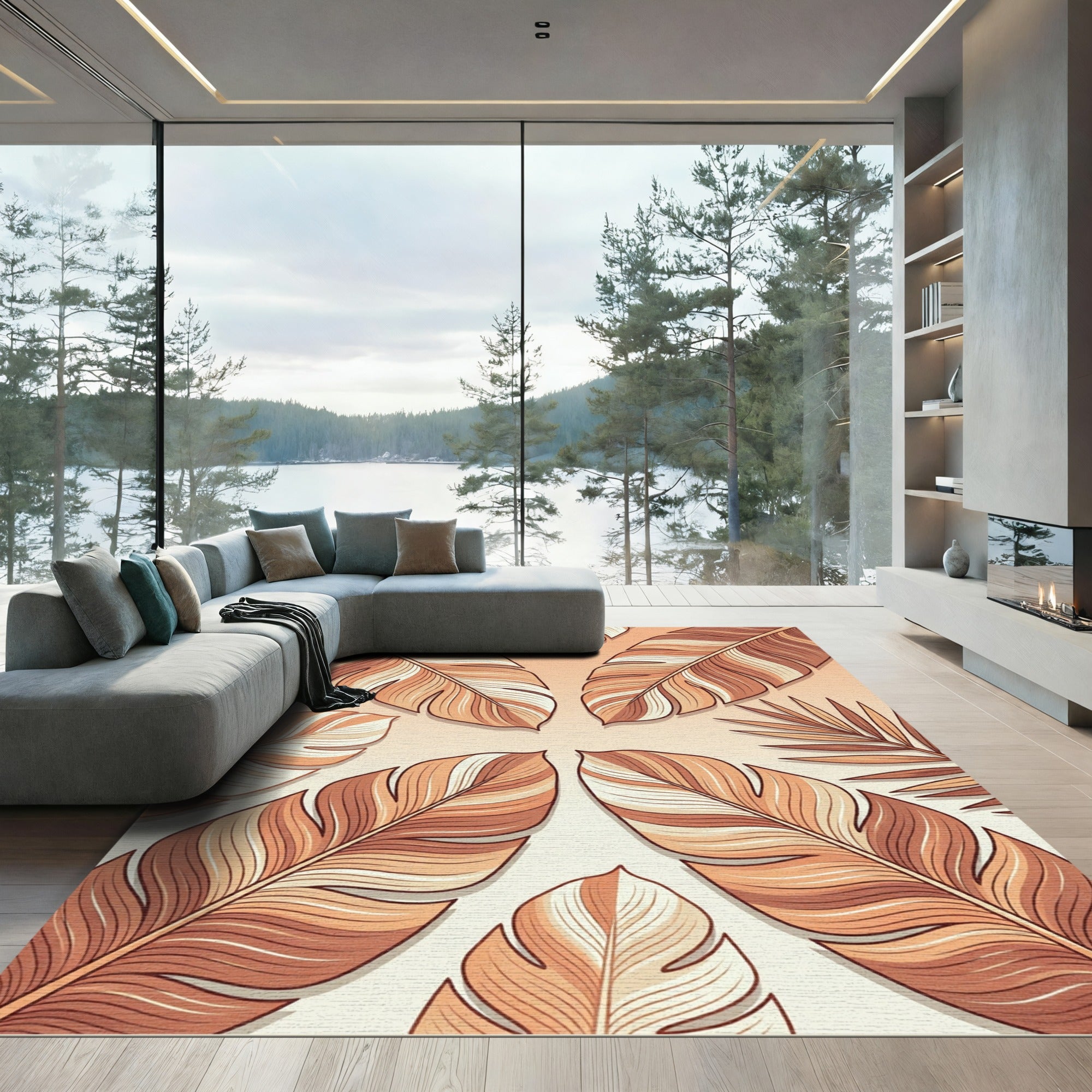 Earthy Tone Layered Feather Cascade Rug