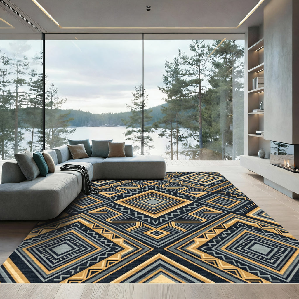 Gold and Slate Geometric Diamond Art Rug