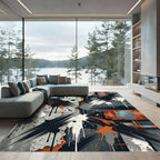 Modern Industrial Black Orange Splatter Art Rug