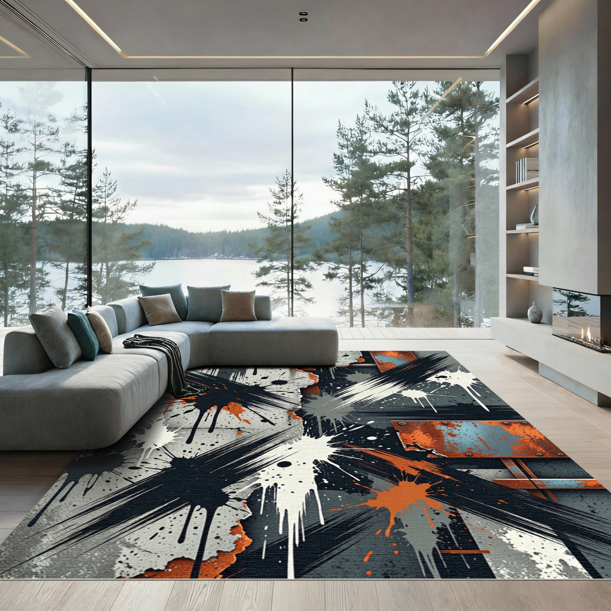 Modern Industrial Black Orange Splatter Art Rug