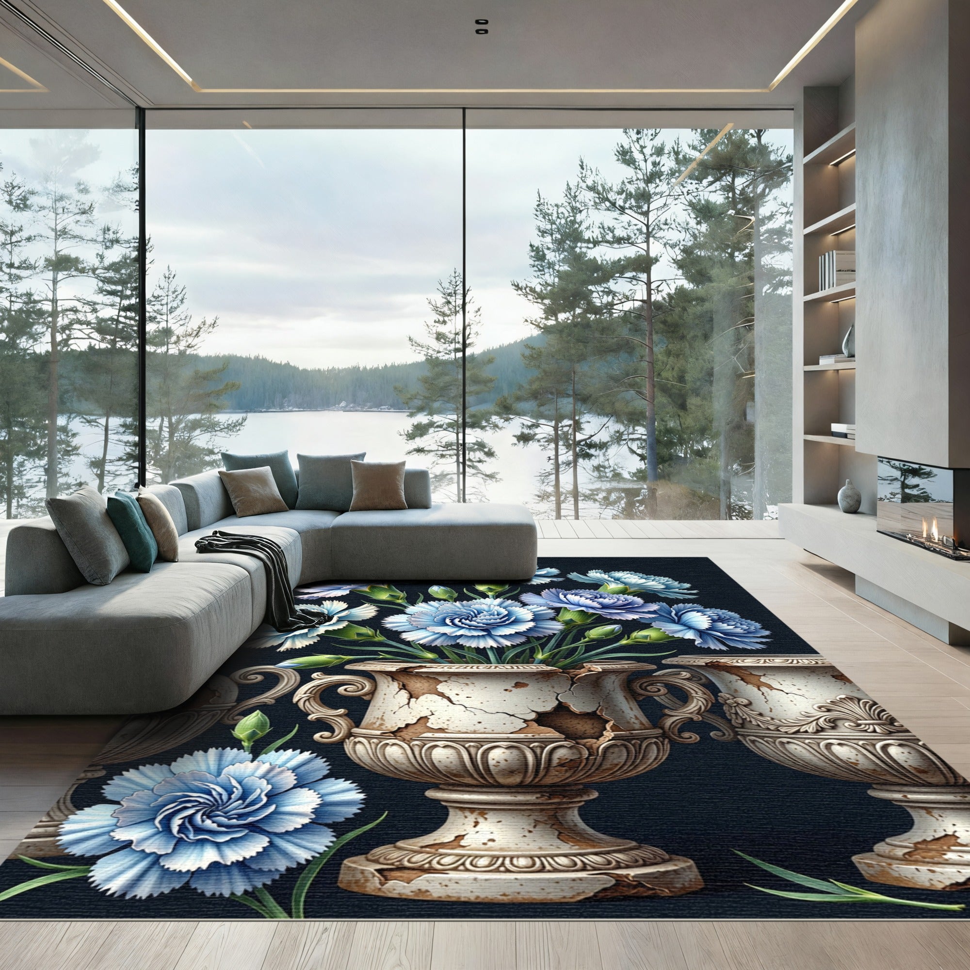 Blue Floral Arrangement Urn Accents Rug