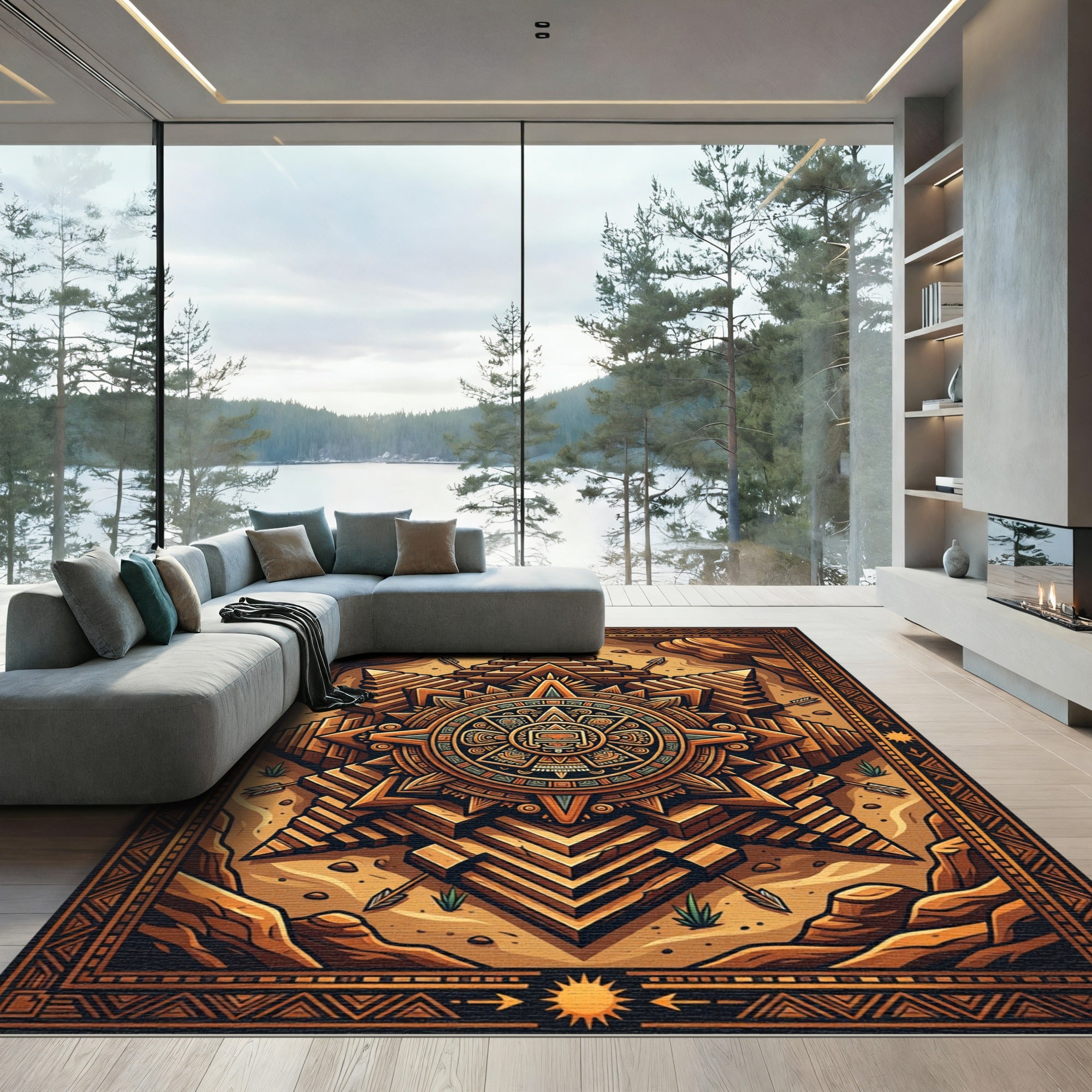 Ancient Solar Aztec Pyramid Bronze Art Rug