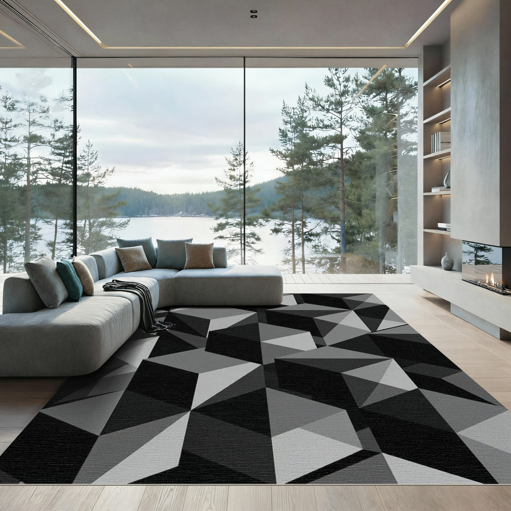 Monochromatic Geometric Cube Illusion Rug