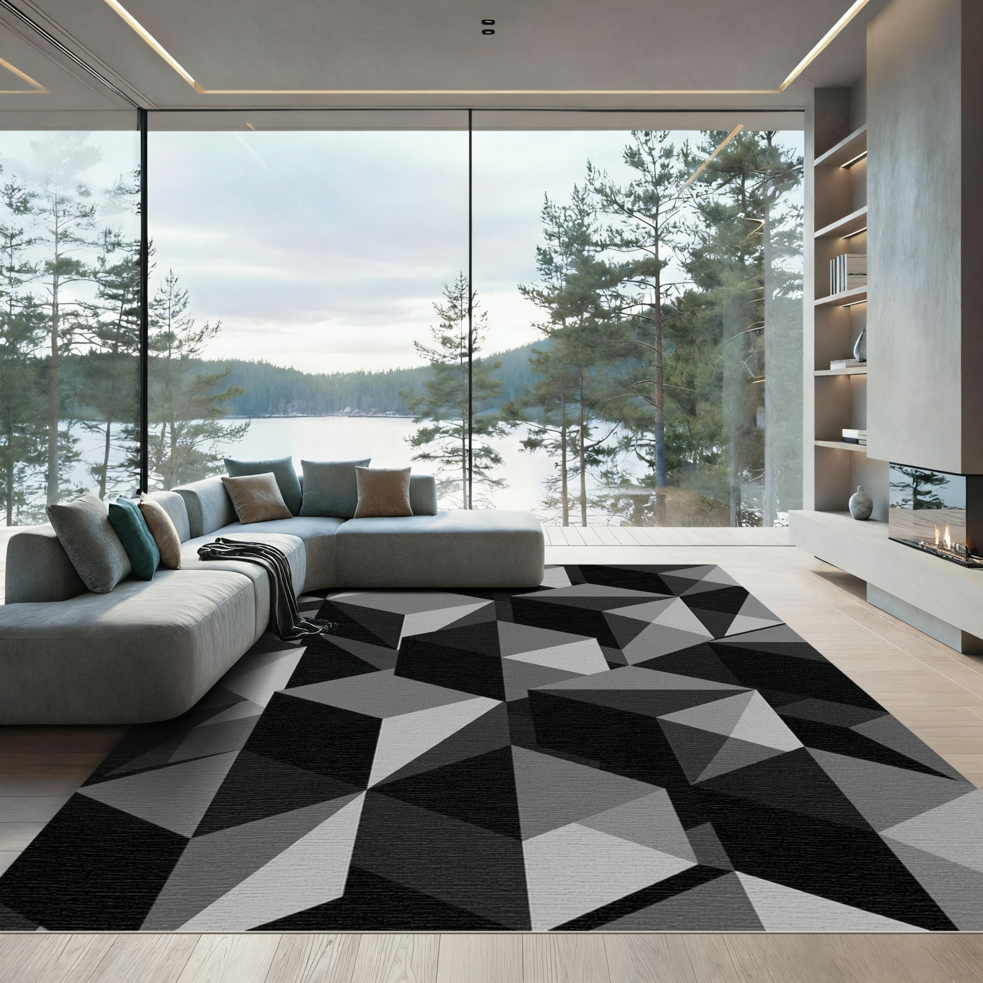 Monochromatic Geometric Cube Illusion Rug
