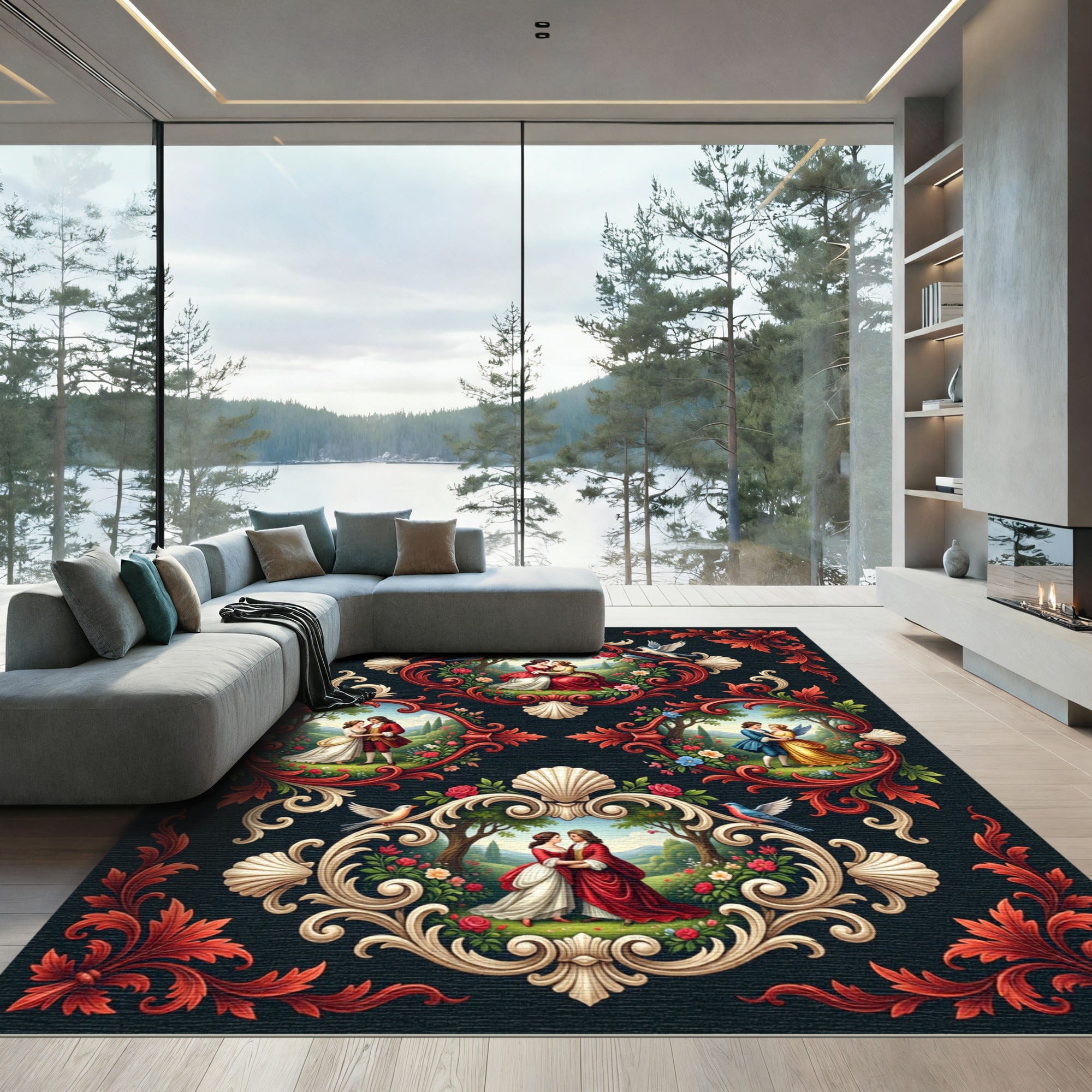 Romantic Figures Red Floral Ornate Medallion Rug
