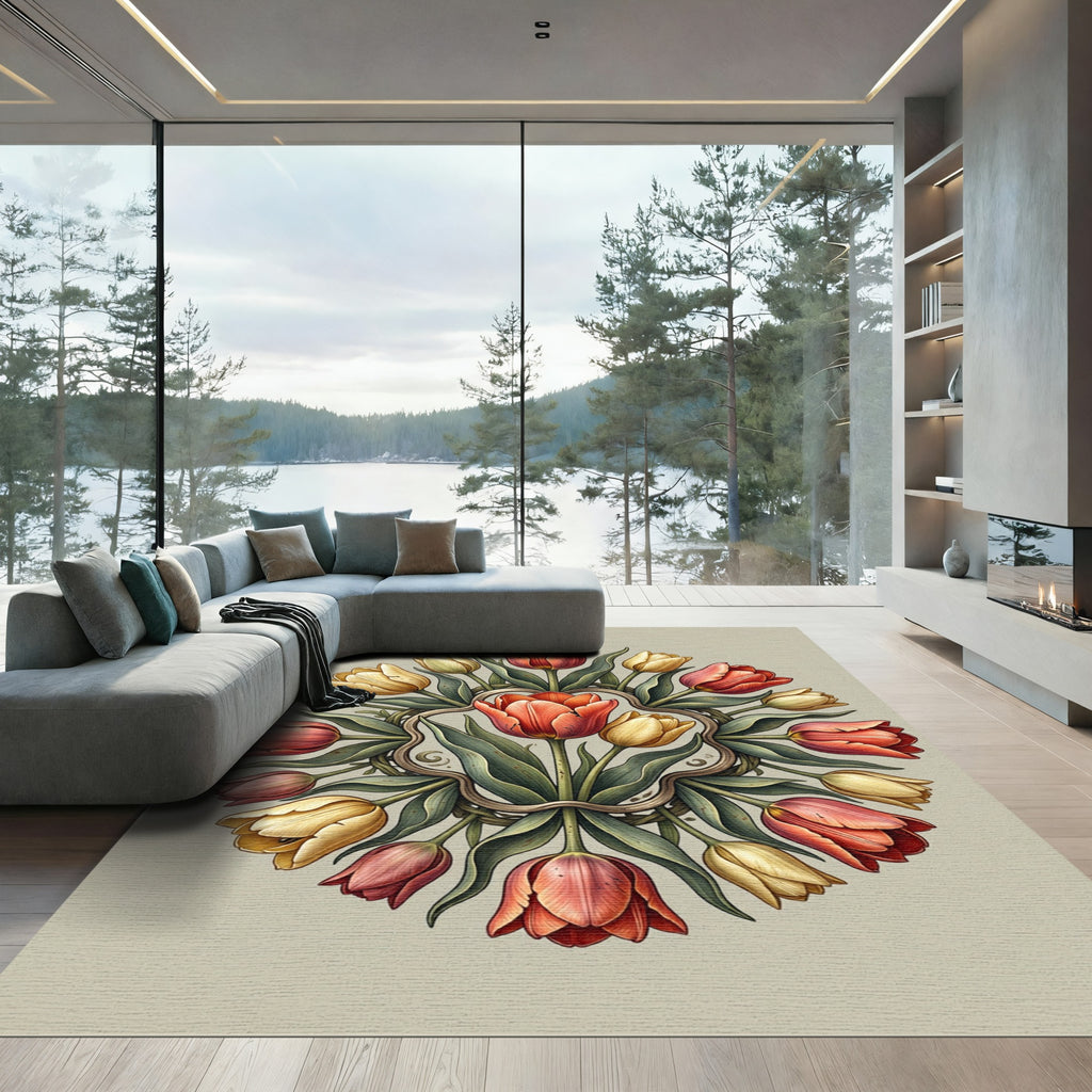 Symmetrical Tulip Floral Wreath Round Rug