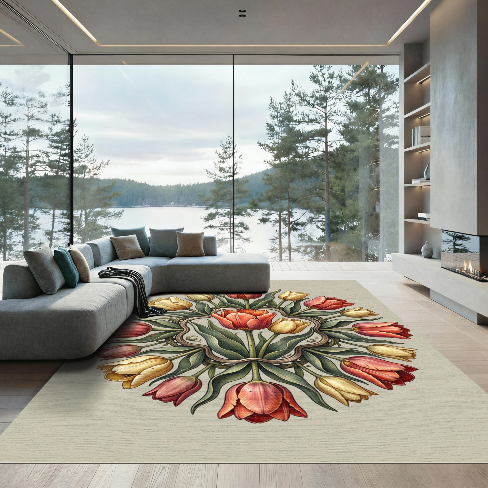 Symmetrical Tulip Floral Wreath Round Rug