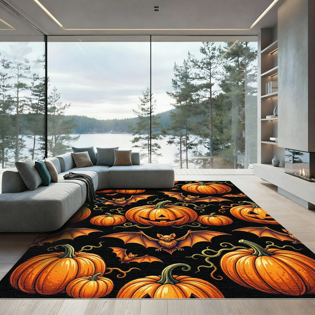 Spooky Orange Jack O Lantern Bat Rug