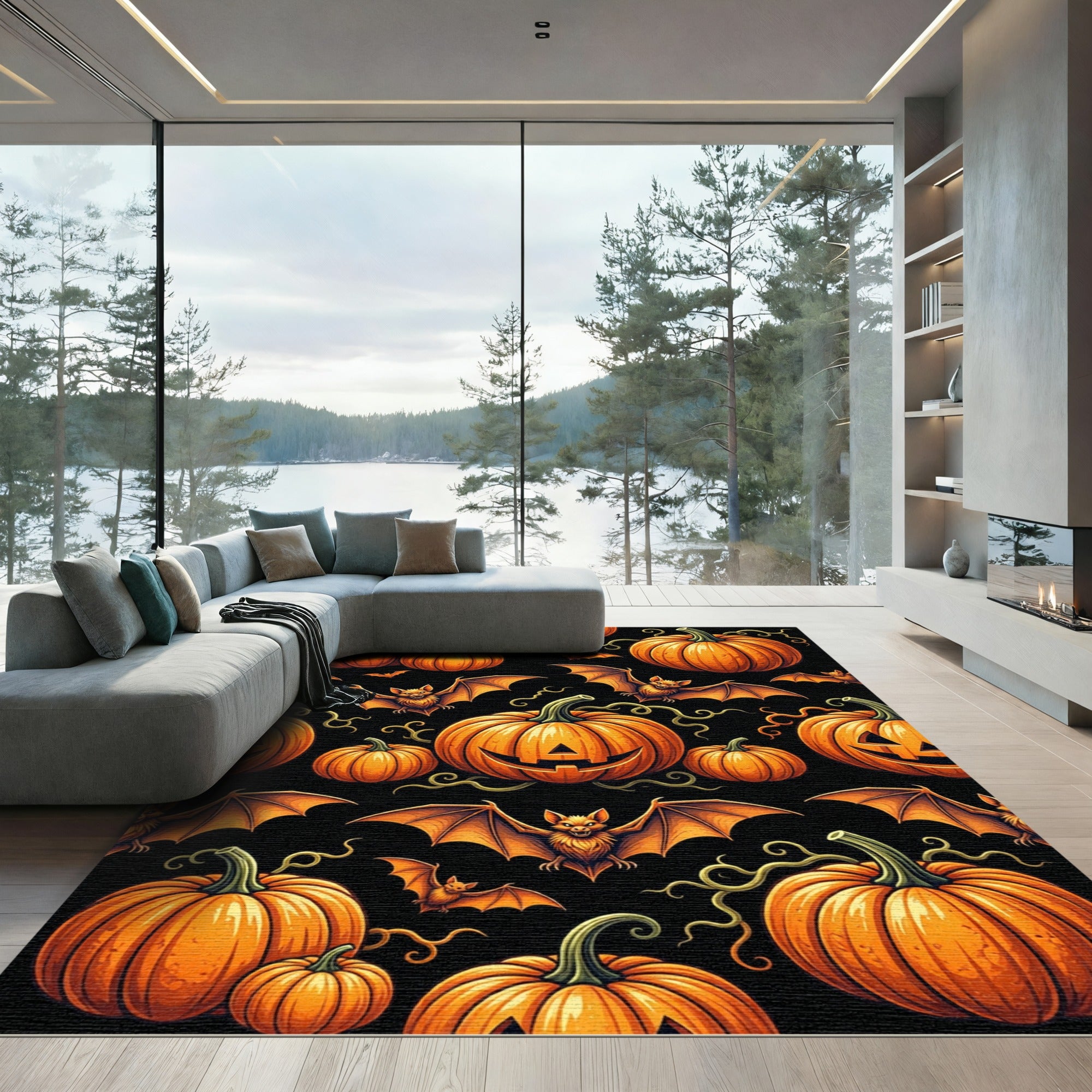 Spooky Orange Jack O Lantern Bat Rug