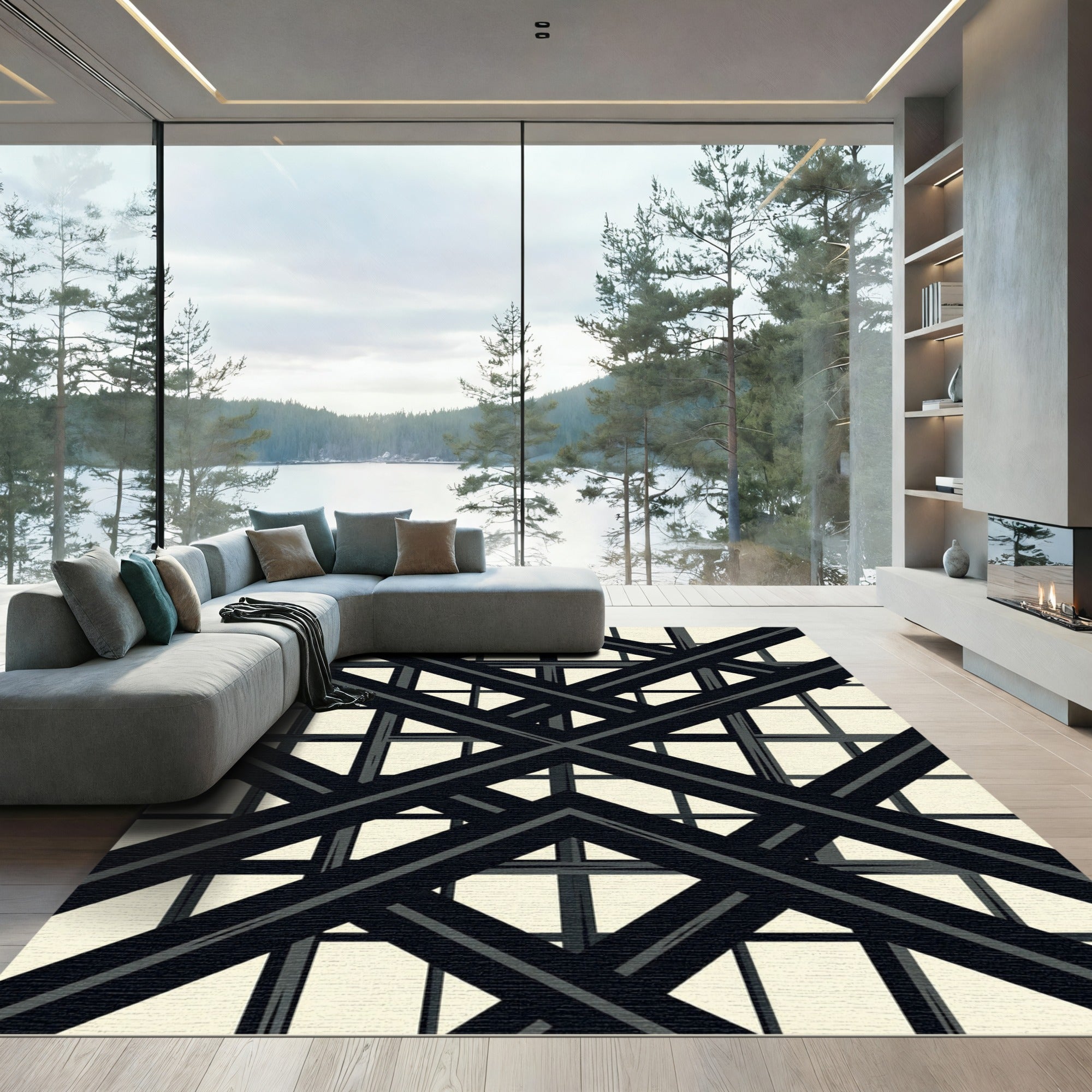Bold Black Intersecting Lines Rug