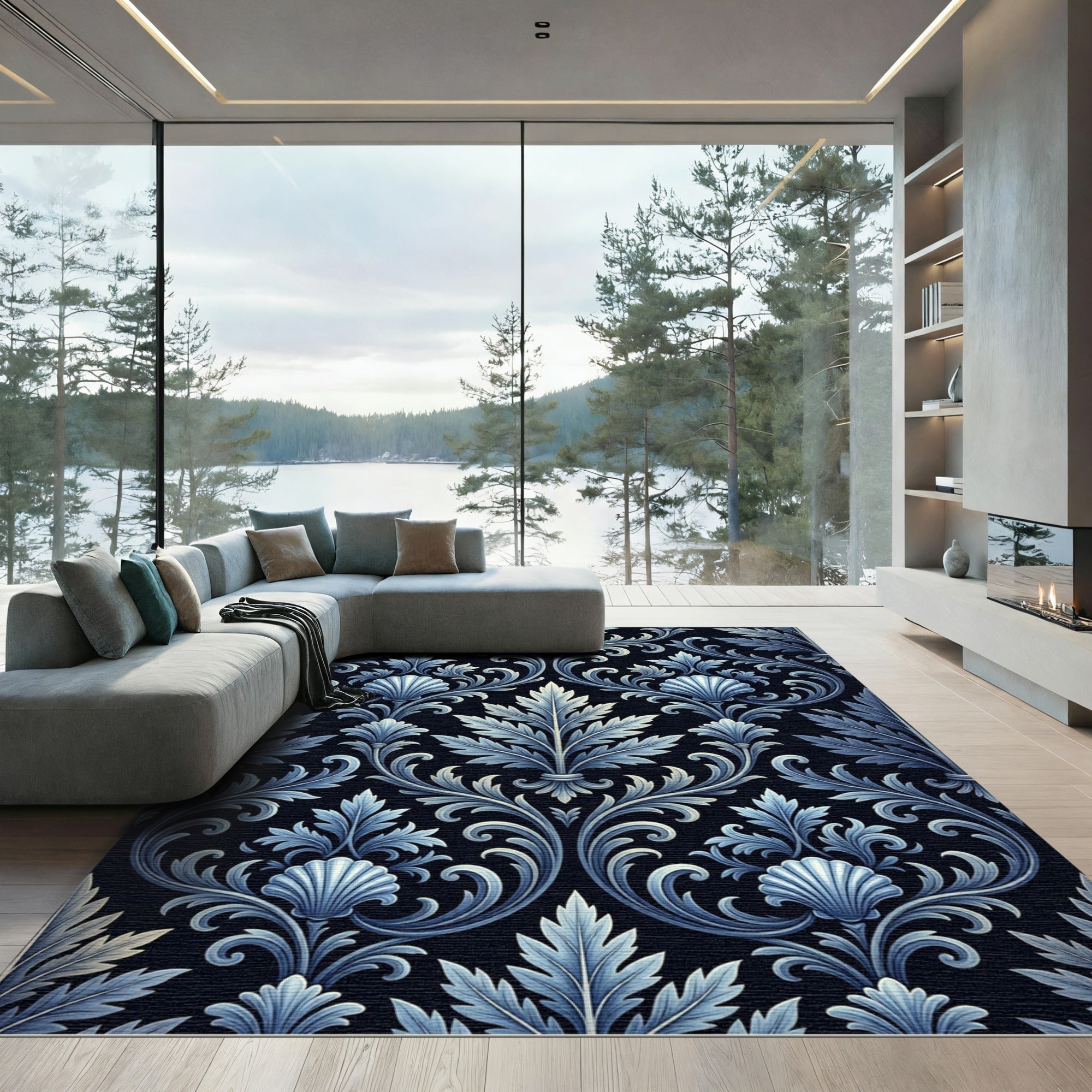 Ornate Blue Acanthus Scroll Rug