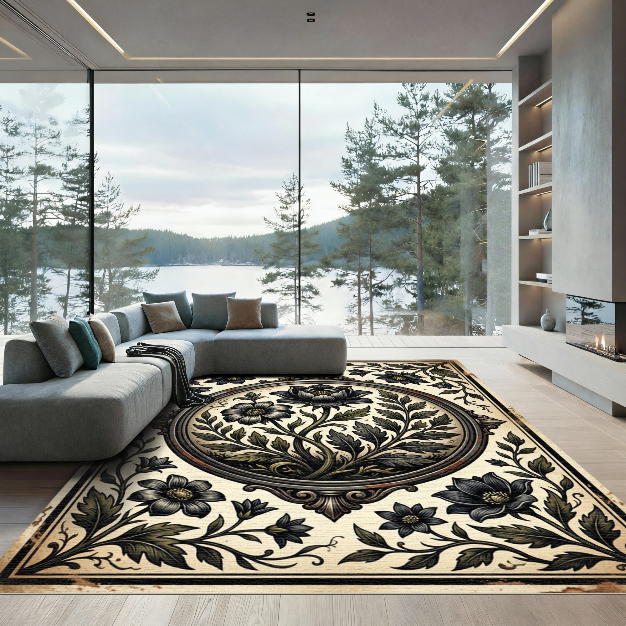 Vintage Black Floral Botanical Medallion Rug