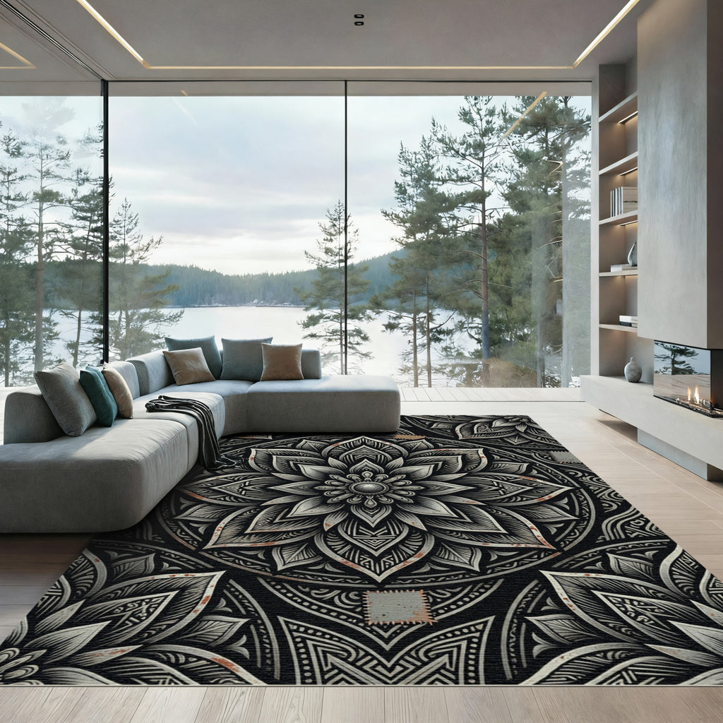 Monochrome Floral Medallion Charcoal Gray Rug