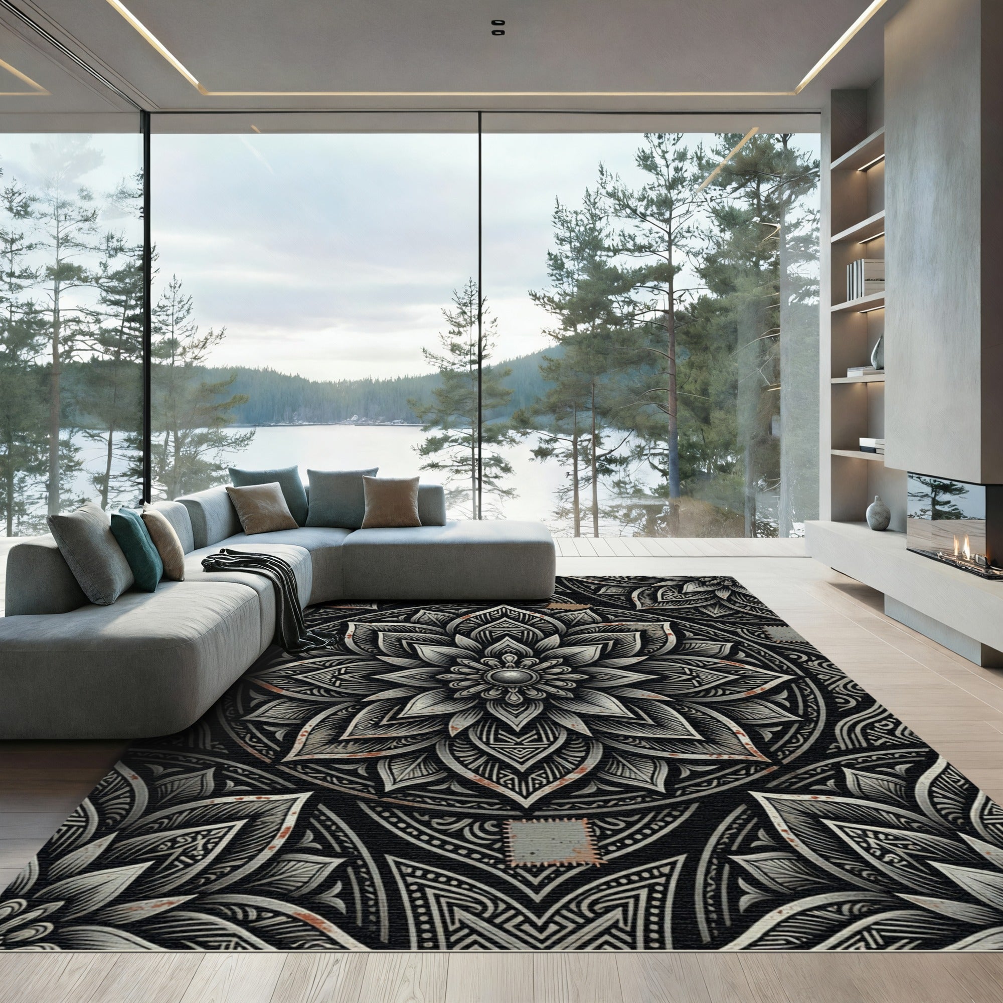 Monochrome Floral Medallion Charcoal Gray Rug