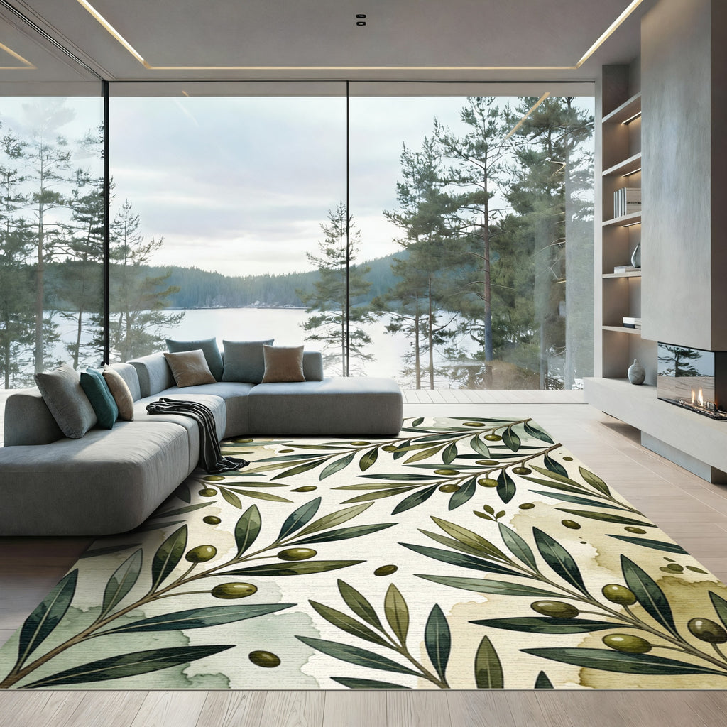 Green Olive Branch Watercolor Botanical Rug