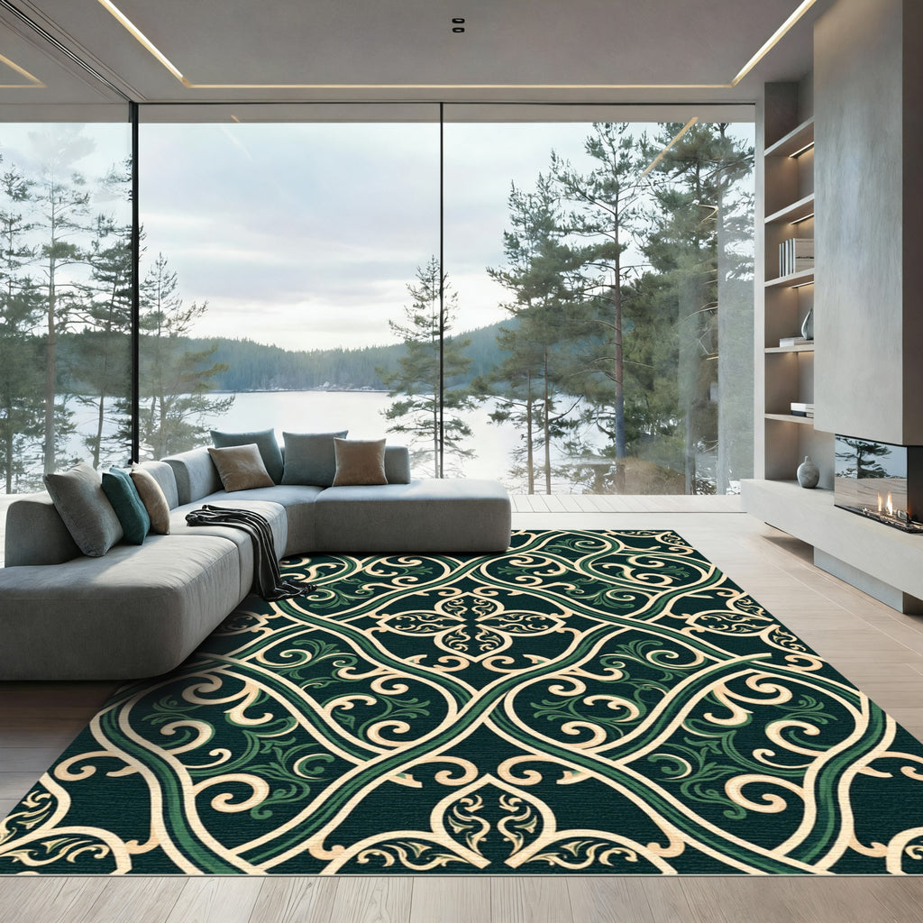 Elegant Emerald Olive Intertwining Scroll Rug