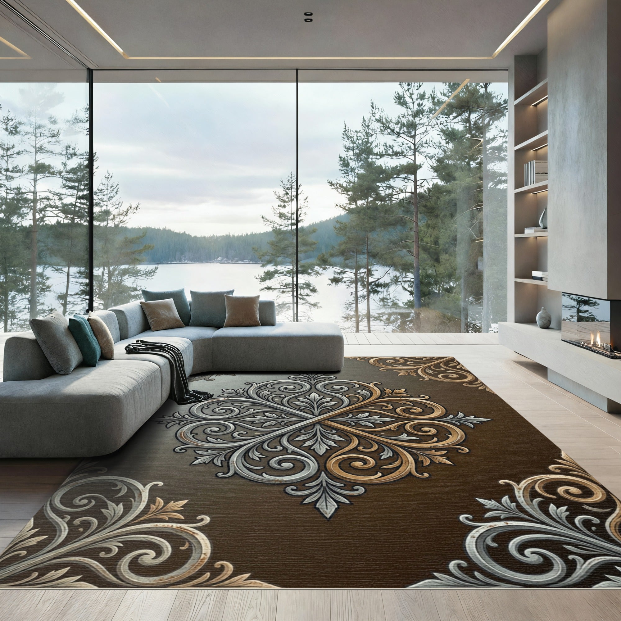 Elegant Silver and Gold Scroll Medallion Rug