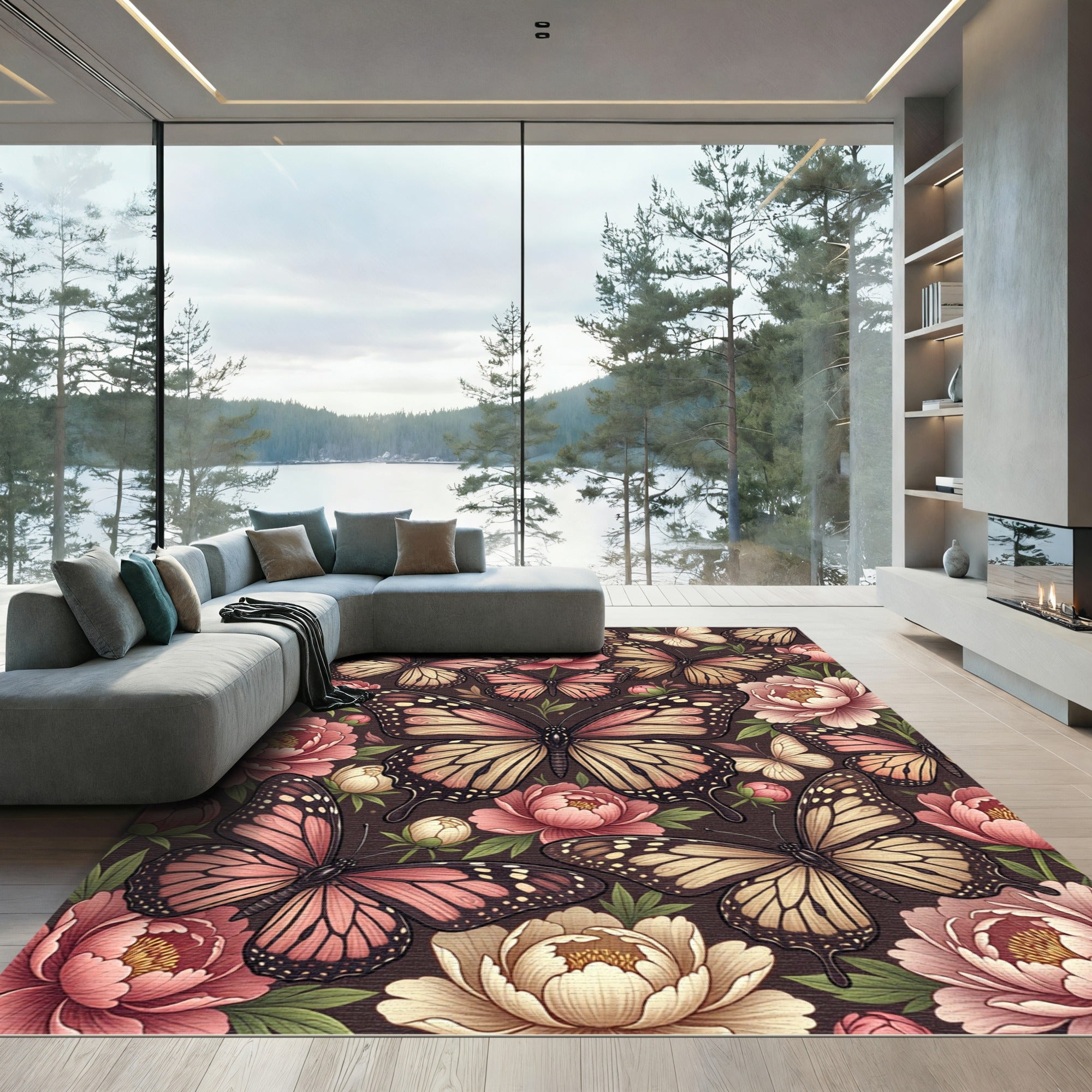 Blush Butterfly and Peony Floral Meadow Rug