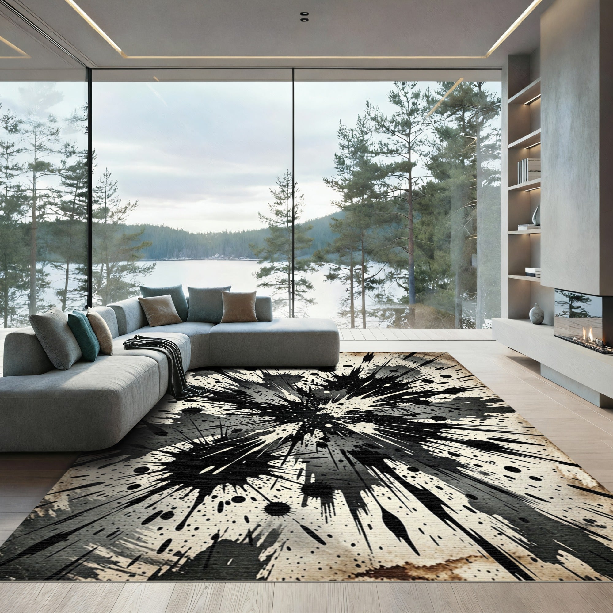 Dynamic Black Splatter Grunge Burst Rug