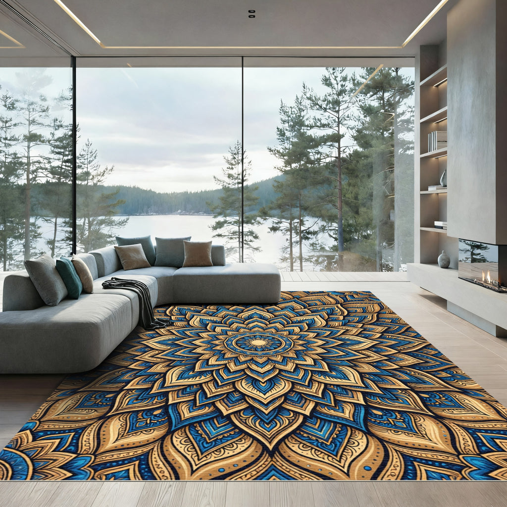Golden Blue Floral Mandala Medallion Rug